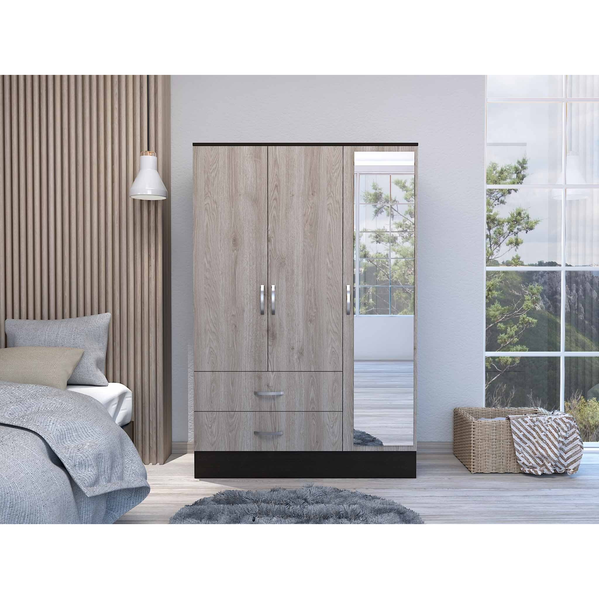 Light Oak And Black Three Door Wardrobe Closet With Mirror
