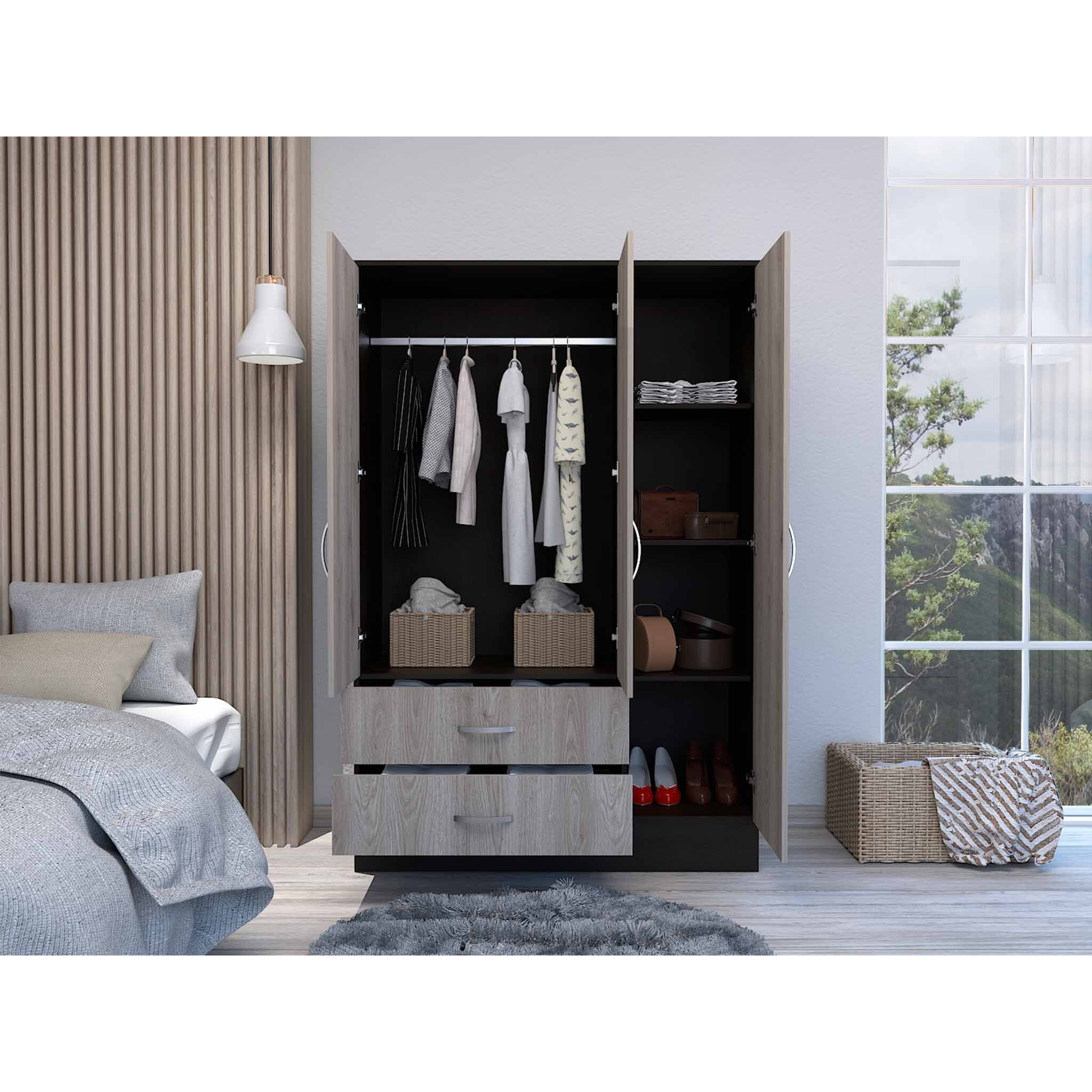 Light Oak And Black Three Door Wardrobe Closet With Mirror