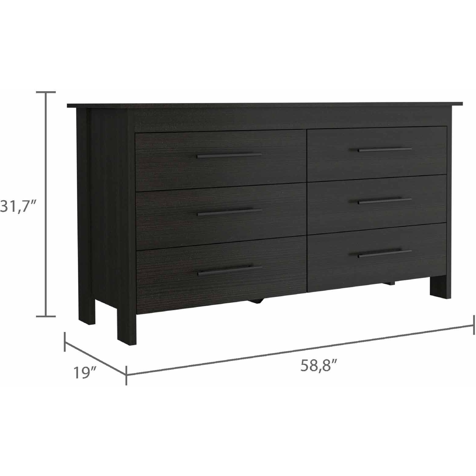 58"" Black Six Drawer Double Dresser