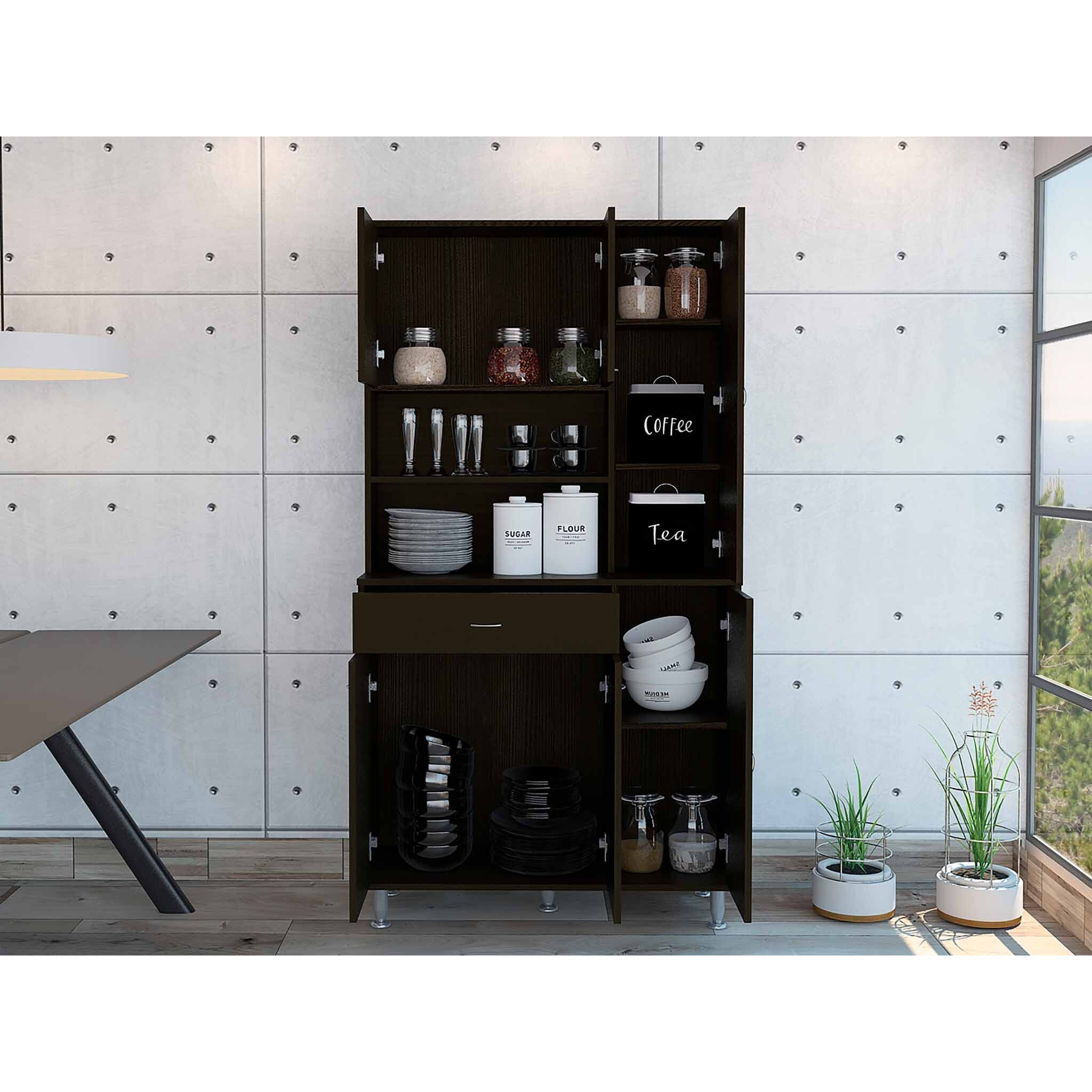 Modern Black Pantry Cabinet With Multiple Storage Shelves