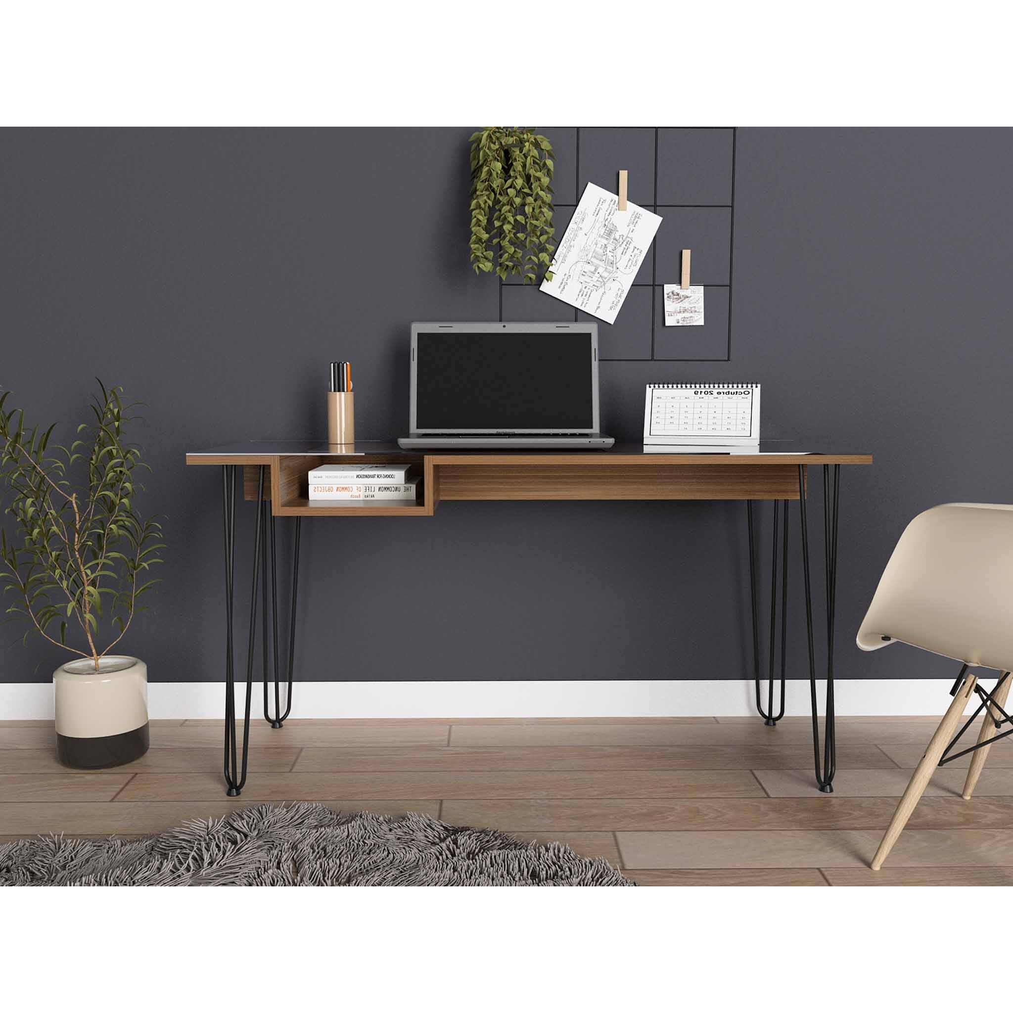 Deco Mahogany And Black Geometric Computer Desk
