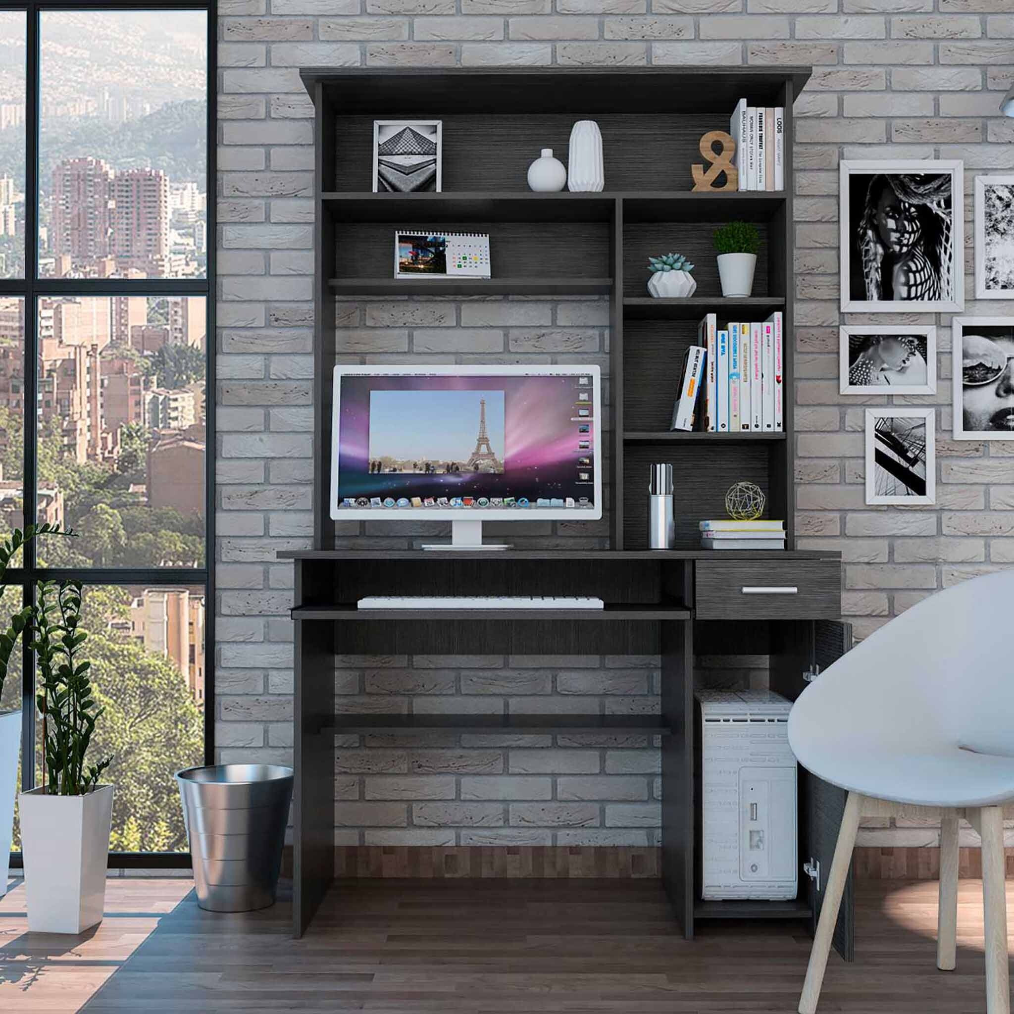 Zeno Gray Oak Computer Desk With Hutch