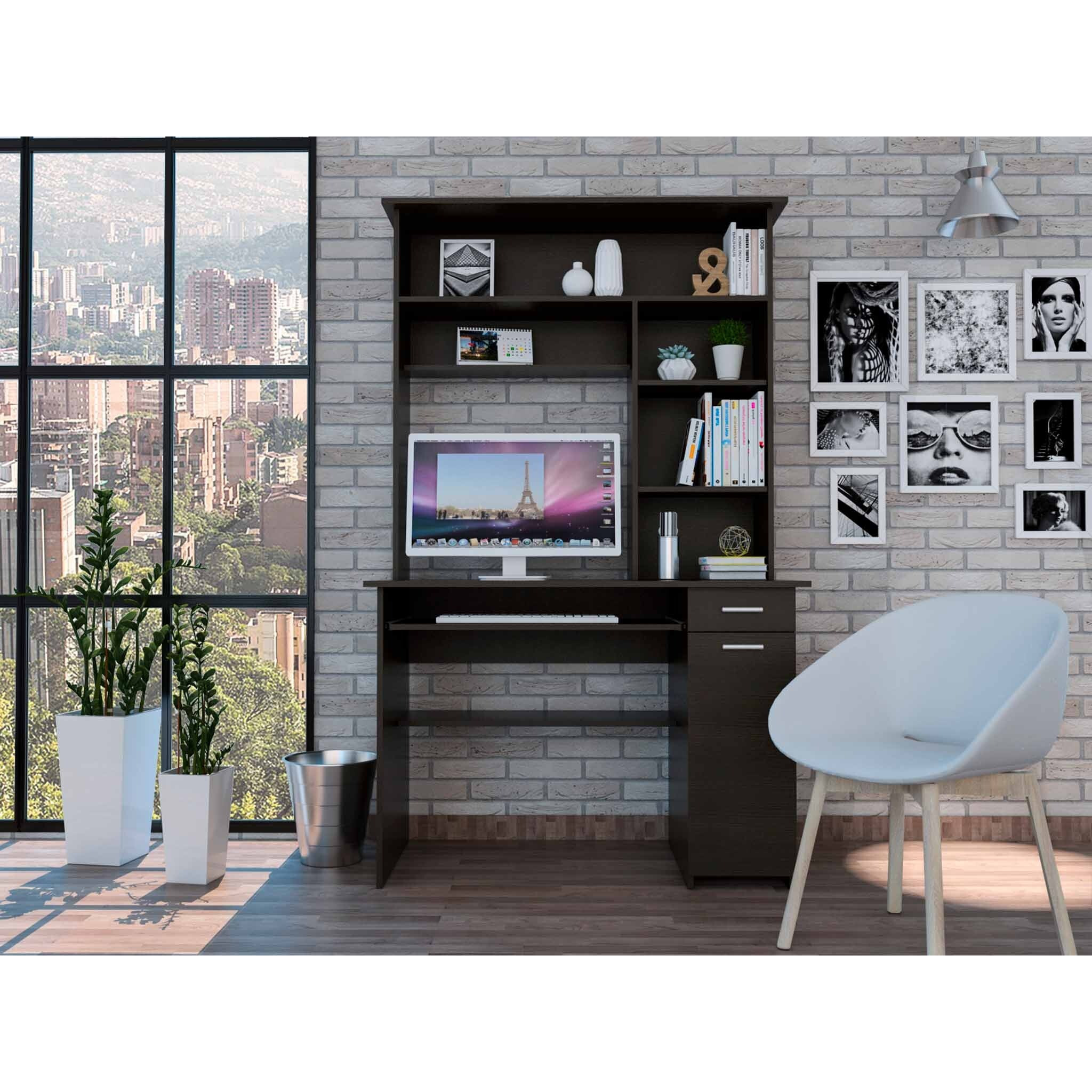 Zeno Black Computer Desk With Hutch