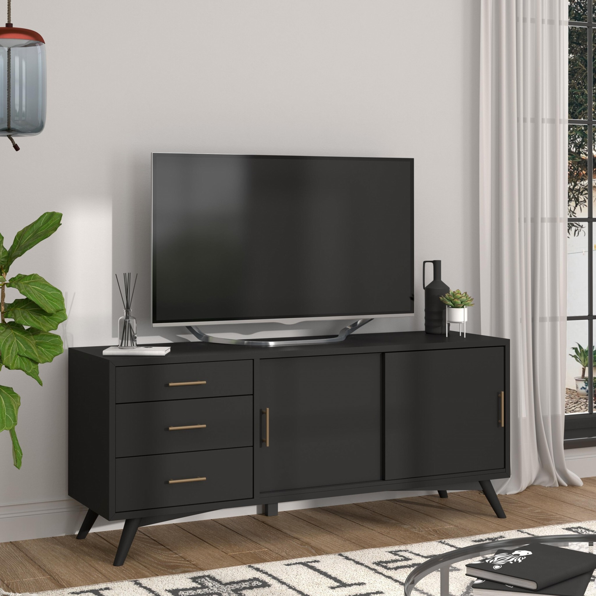 Flair 64"" Black Mid Century Mod Tv Console