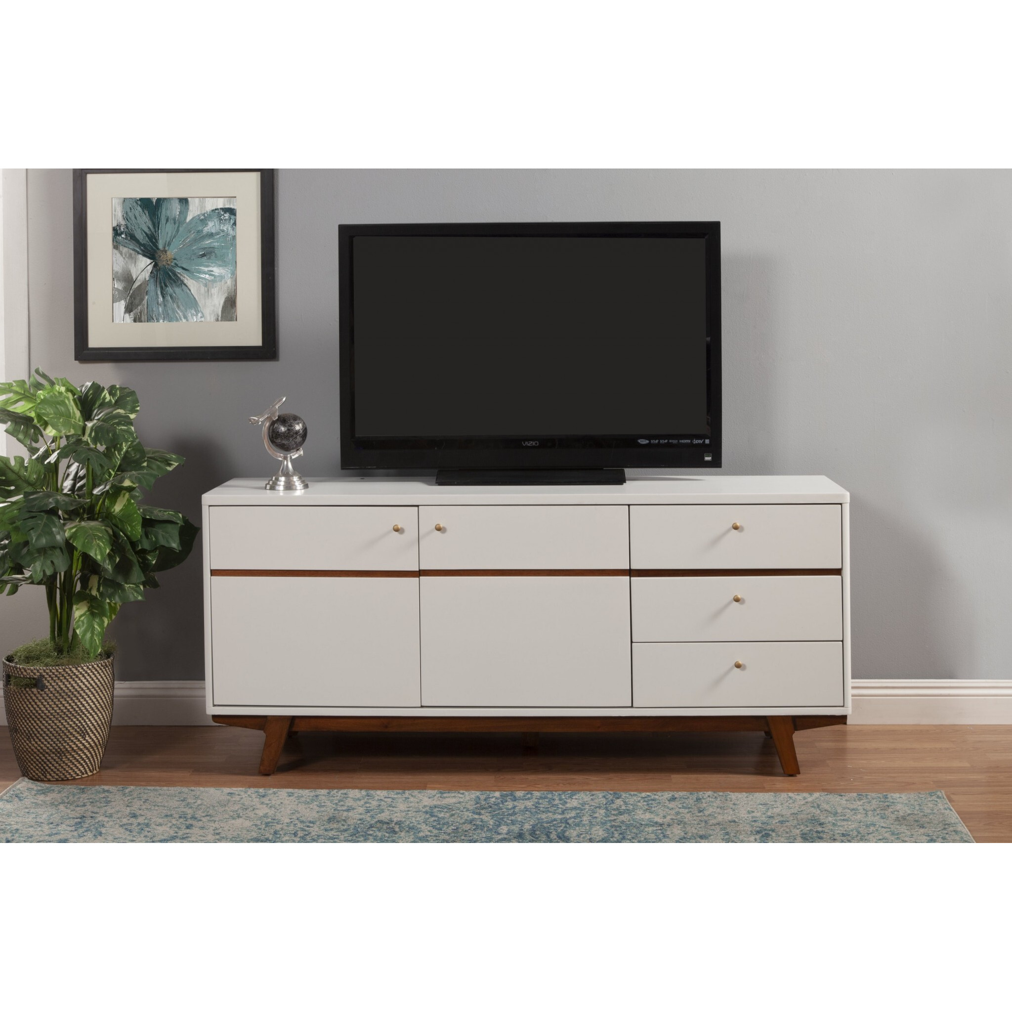 White Mid Century Mod Tv Console With Acorn Accents