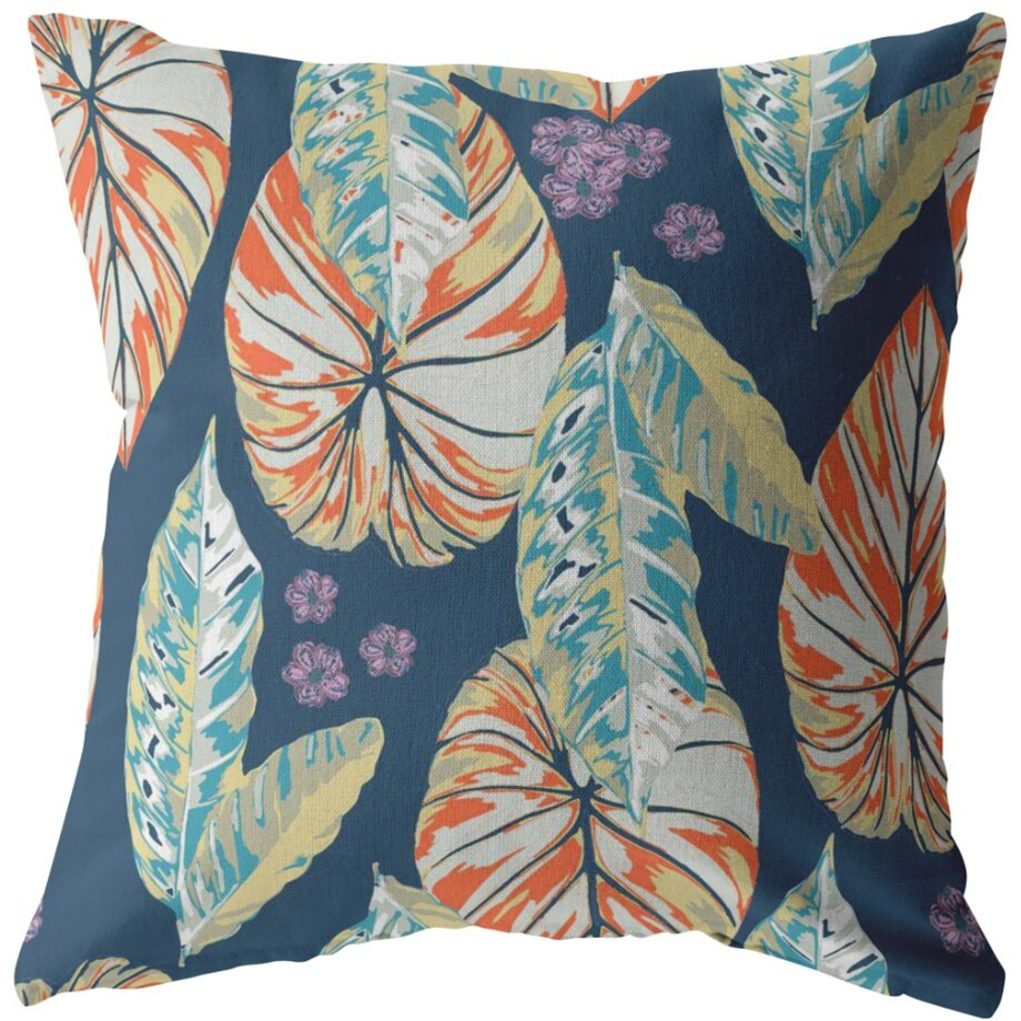 16 Orange Blue Tropical Leaf Zippered Suede Throw Pillow