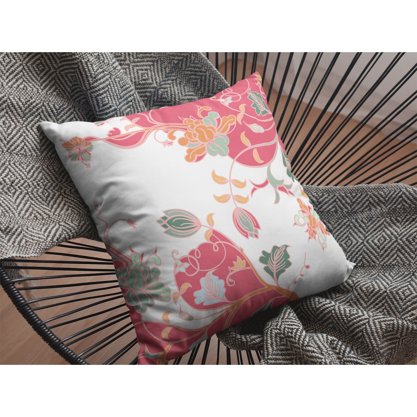 16"" Red White Garden Zippered Suede Throw Pillow