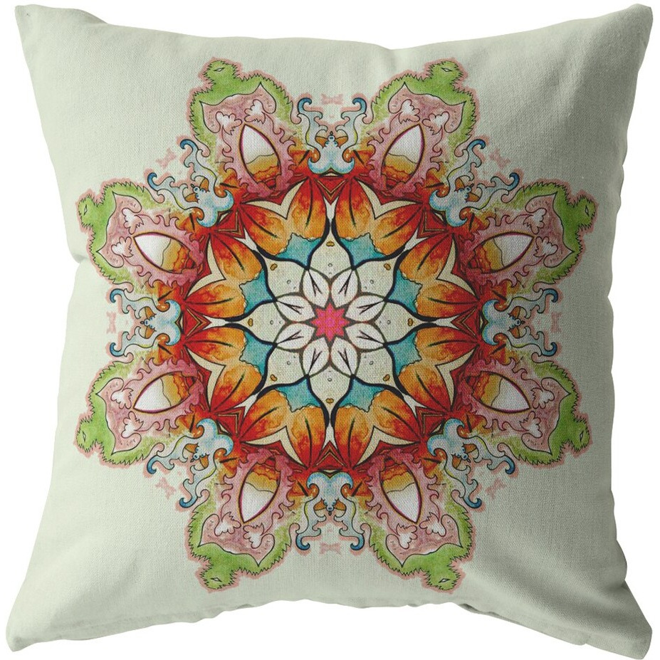 18"" Orange Green Mandala Zip Suede Throw Pillow