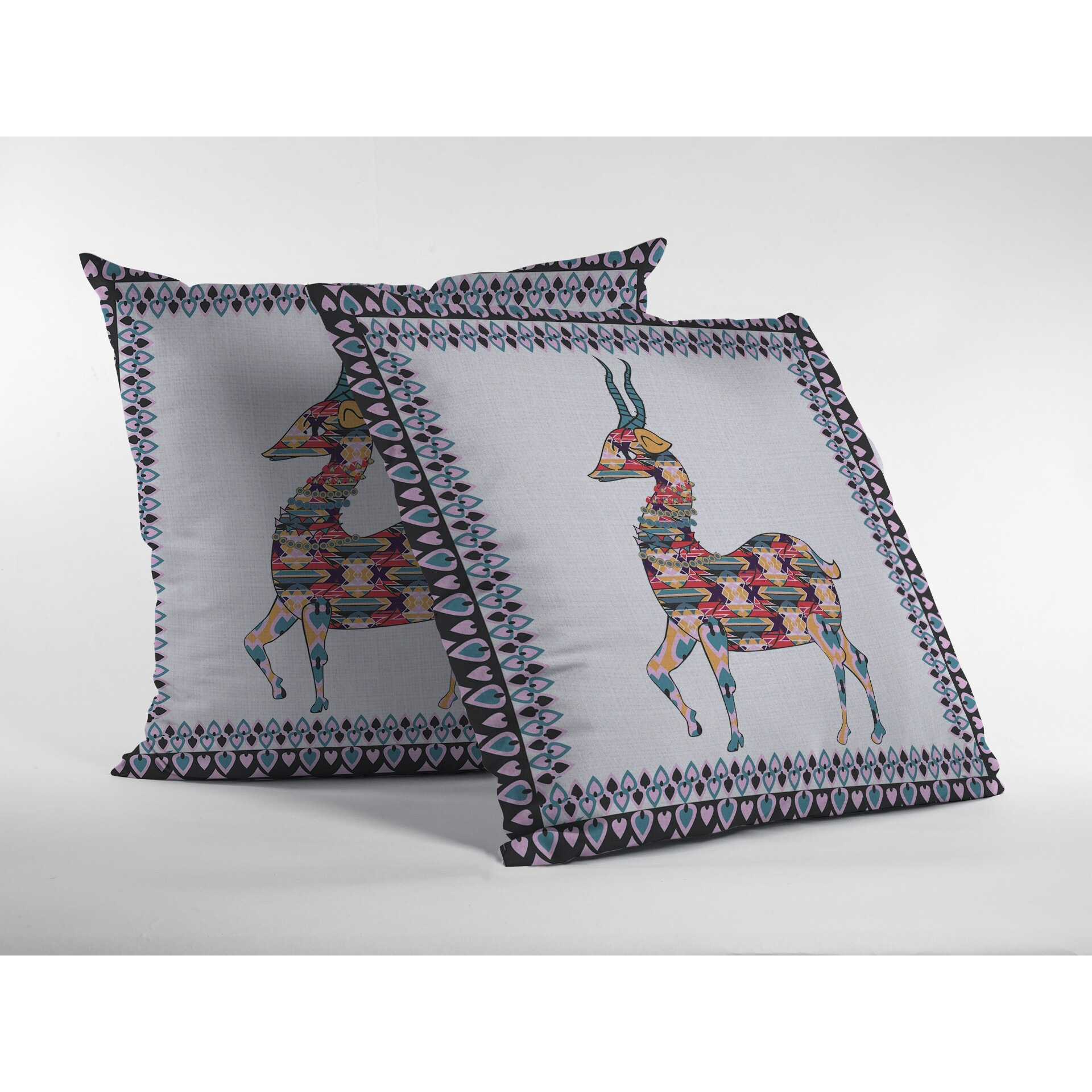 16"" Blue White Boho Deer Zippered Suede Throw Pillow