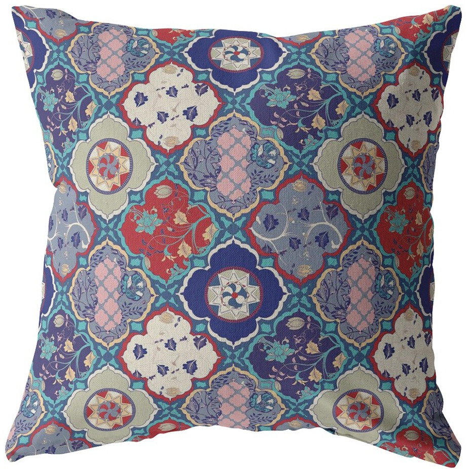 16 Turquoise Cream Trellis Suede Zippered Throw Pillow