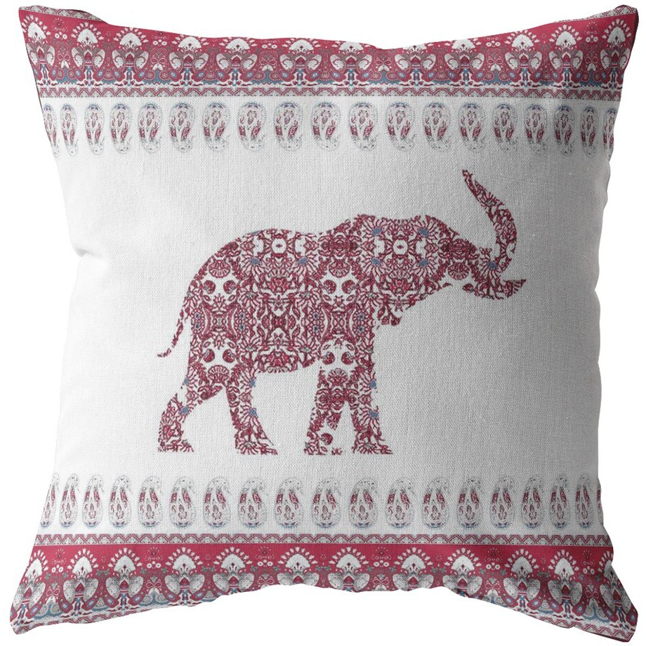 16 Red White Ornate Elephant Zippered Suede Throw Pillow