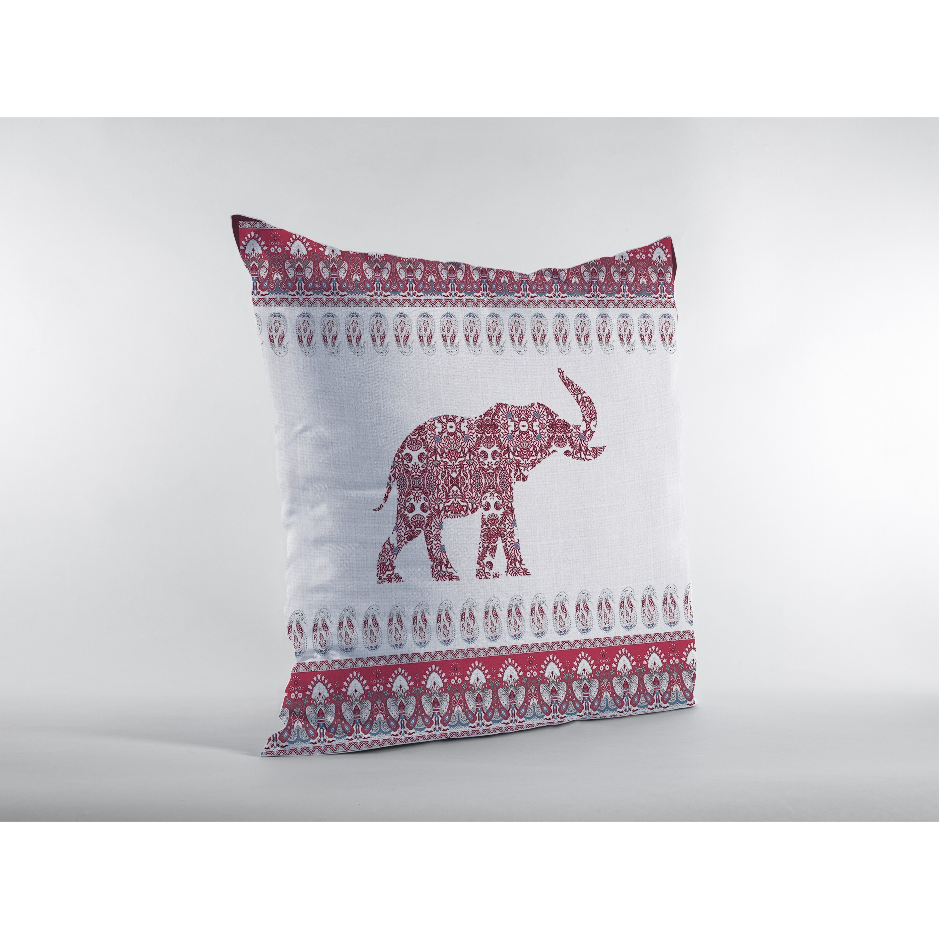 16 Red White Ornate Elephant Zippered Suede Throw Pillow