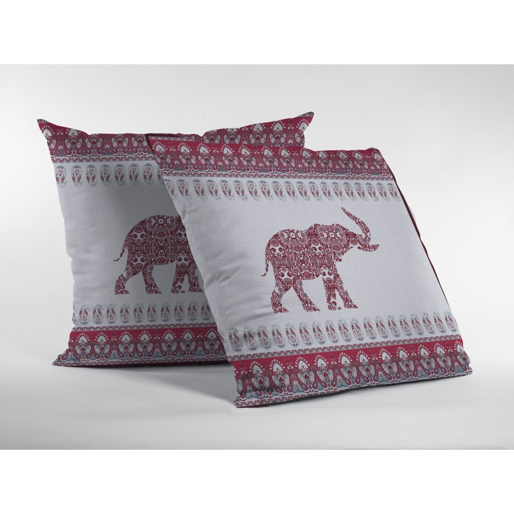 16 Red White Ornate Elephant Zippered Suede Throw Pillow