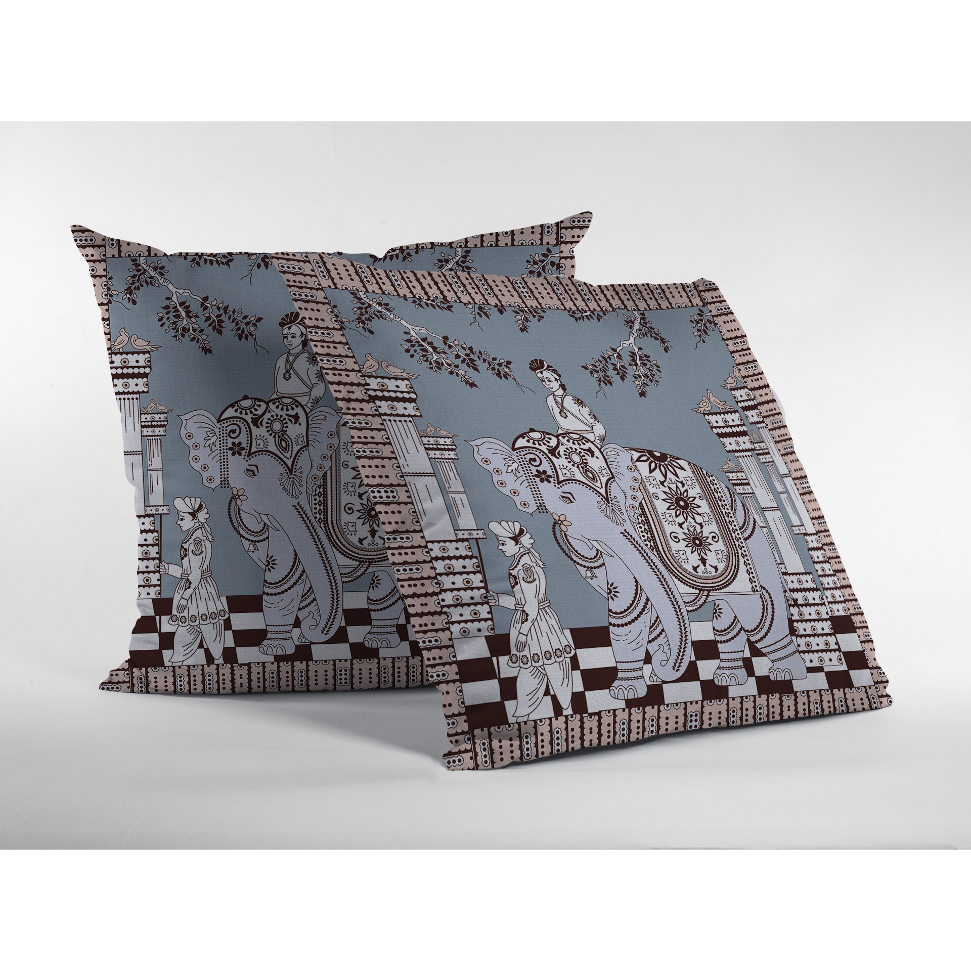 18 Blue Brown Ornate Elephant Zippered Suede Throw Pillow
