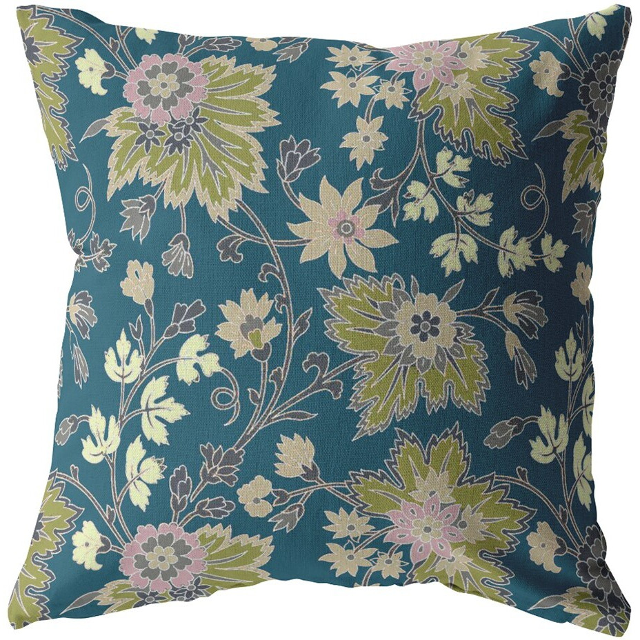 16 Teal Green Jacobean Zippered Suede Throw Pillow
