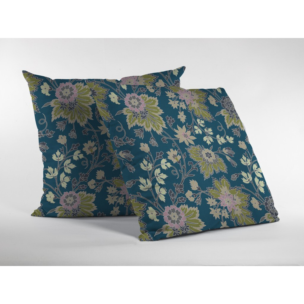 16 Teal Green Jacobean Zippered Suede Throw Pillow