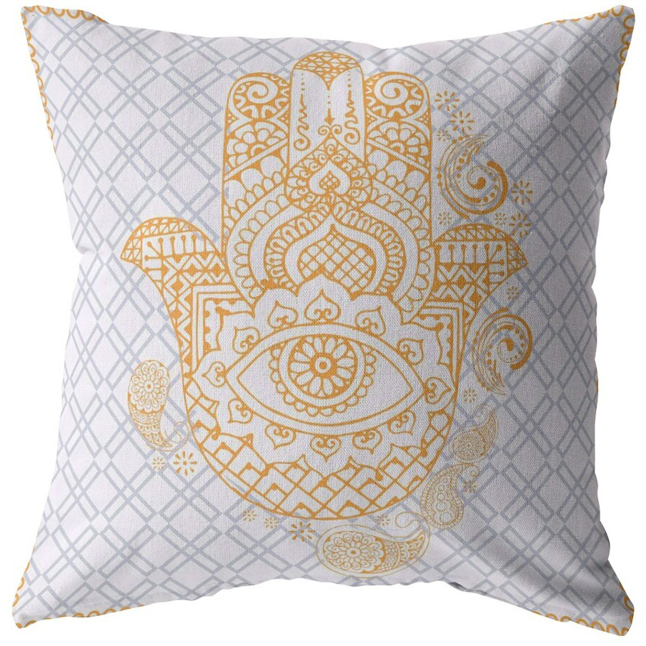 18 Gold Gray Hamsa Suede Zippered Throw Pillow