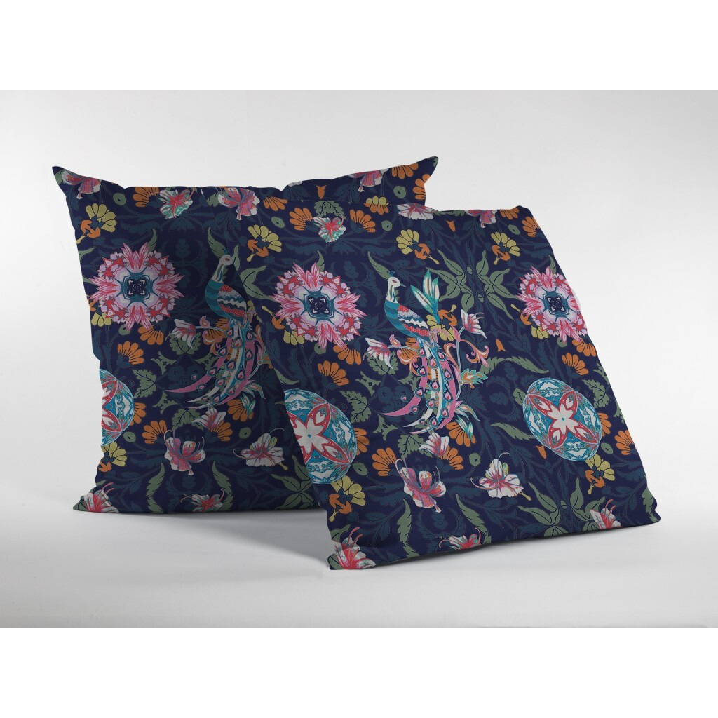 16"" Navy Pink Peacock Zippered Suede Throw Pillow