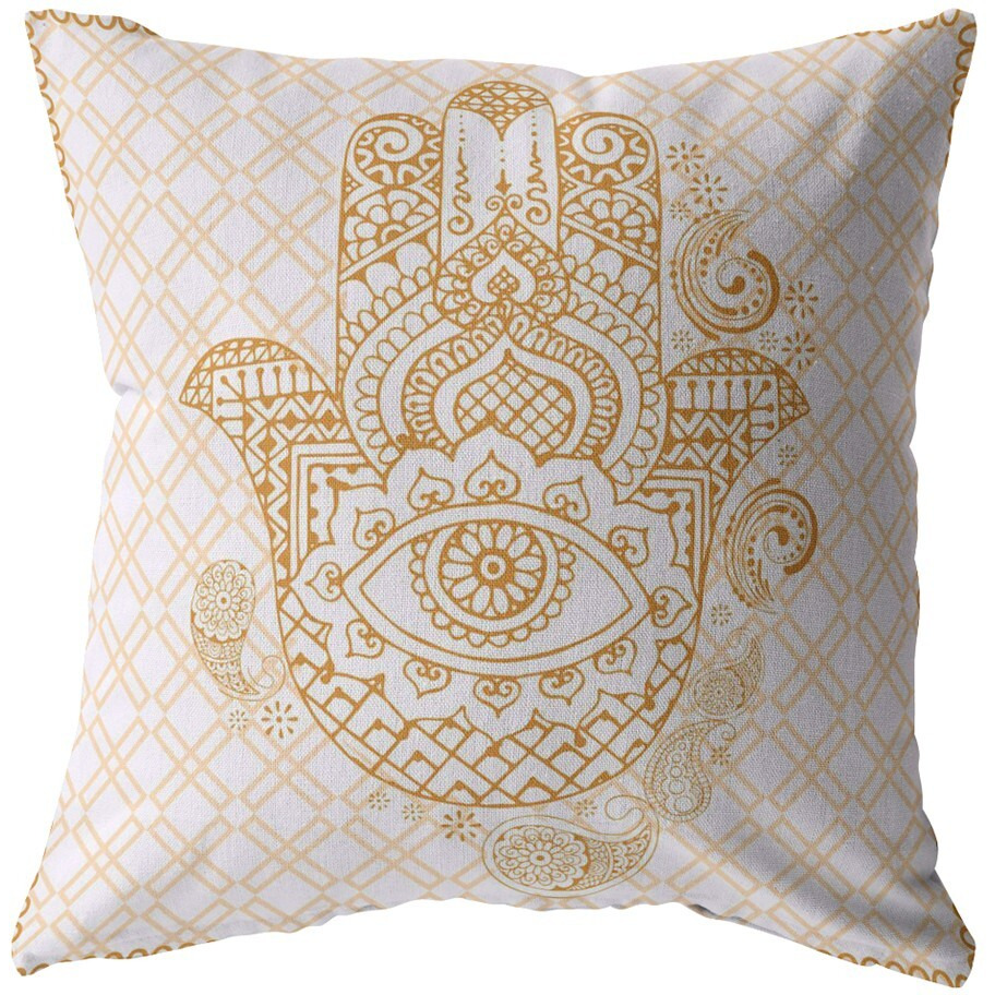 18 Gold White Hamsa Suede Zippered Throw Pillow