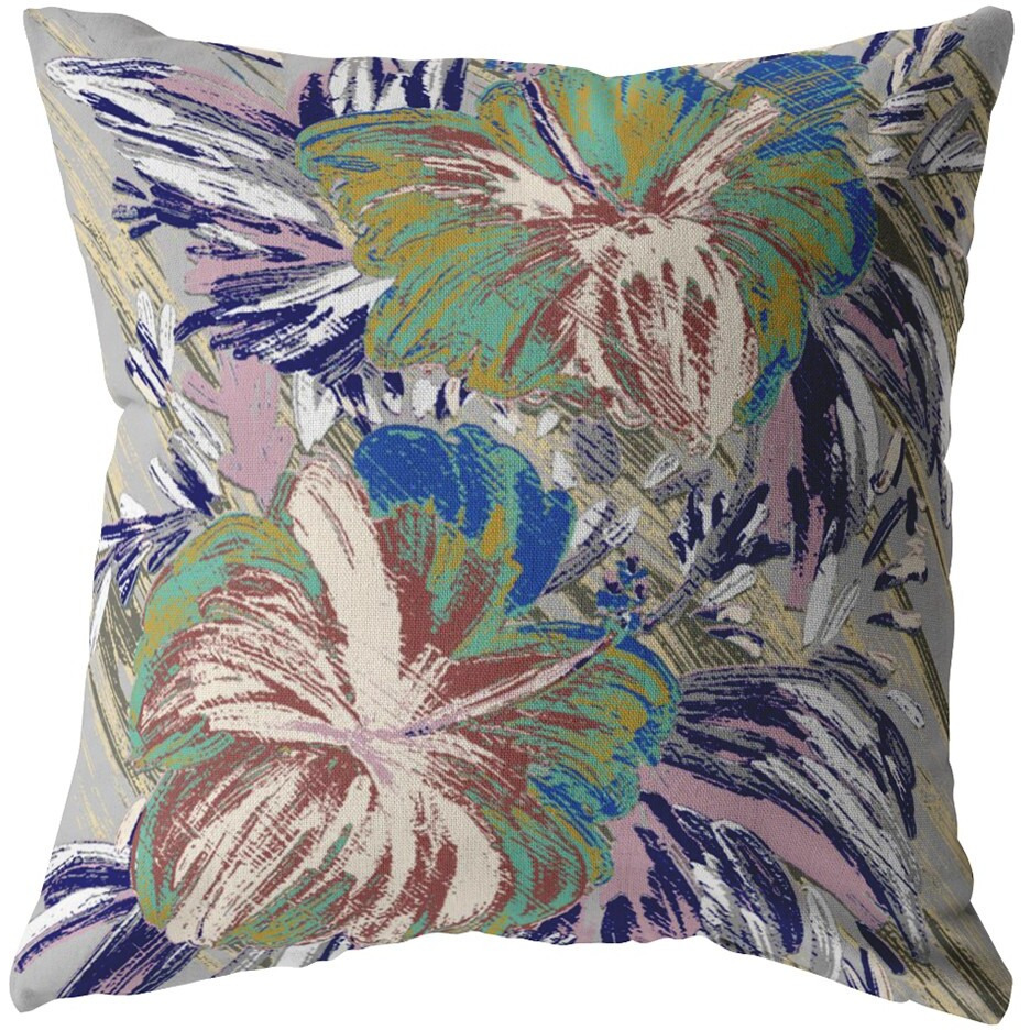 16 Lilac Green Hibiscus Zippered Suede Throw Pillow