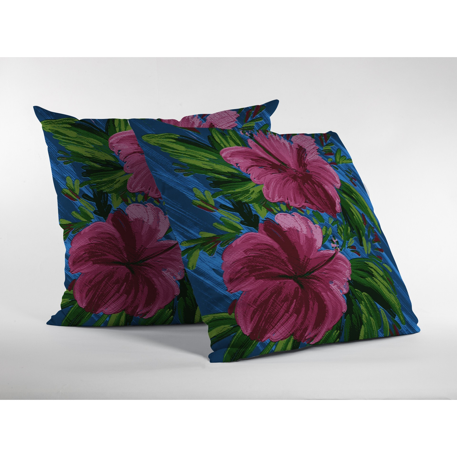 16 Pink Blue Hibiscus Zippered Suede Throw Pillow