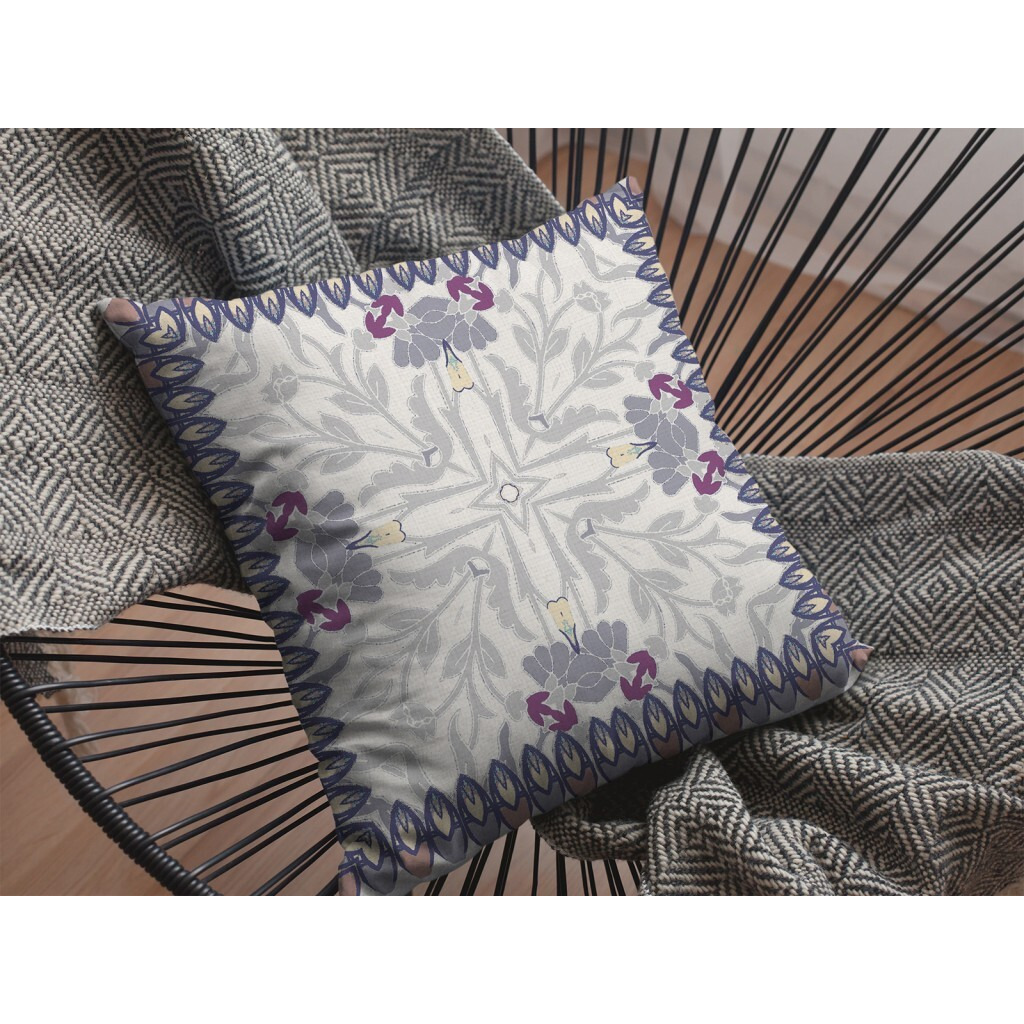18"" Gray Floral Frame Zippered Suede Throw Pillow