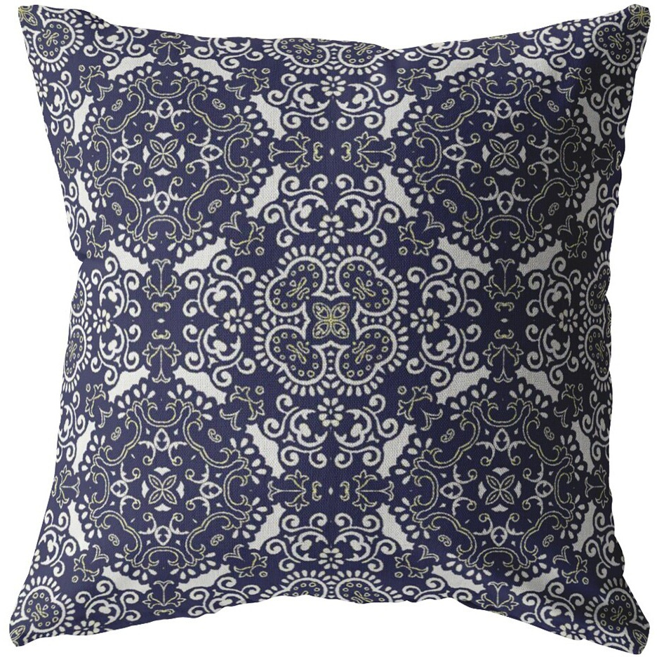 18"" Navy Boho Pattern Zippered Suede Throw Pillow