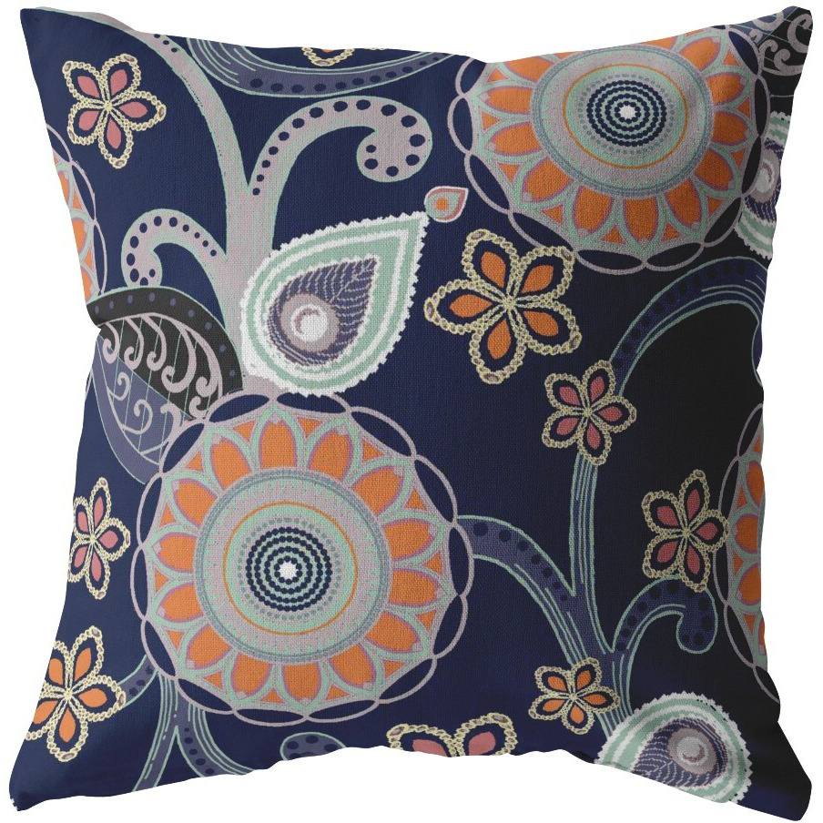 18 Indigo Orange Floral Suede Zippered Throw Pillow