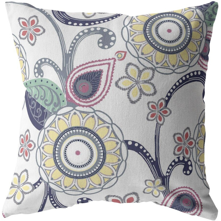 18 White Yellow Floral Suede Zippered Throw Pillow