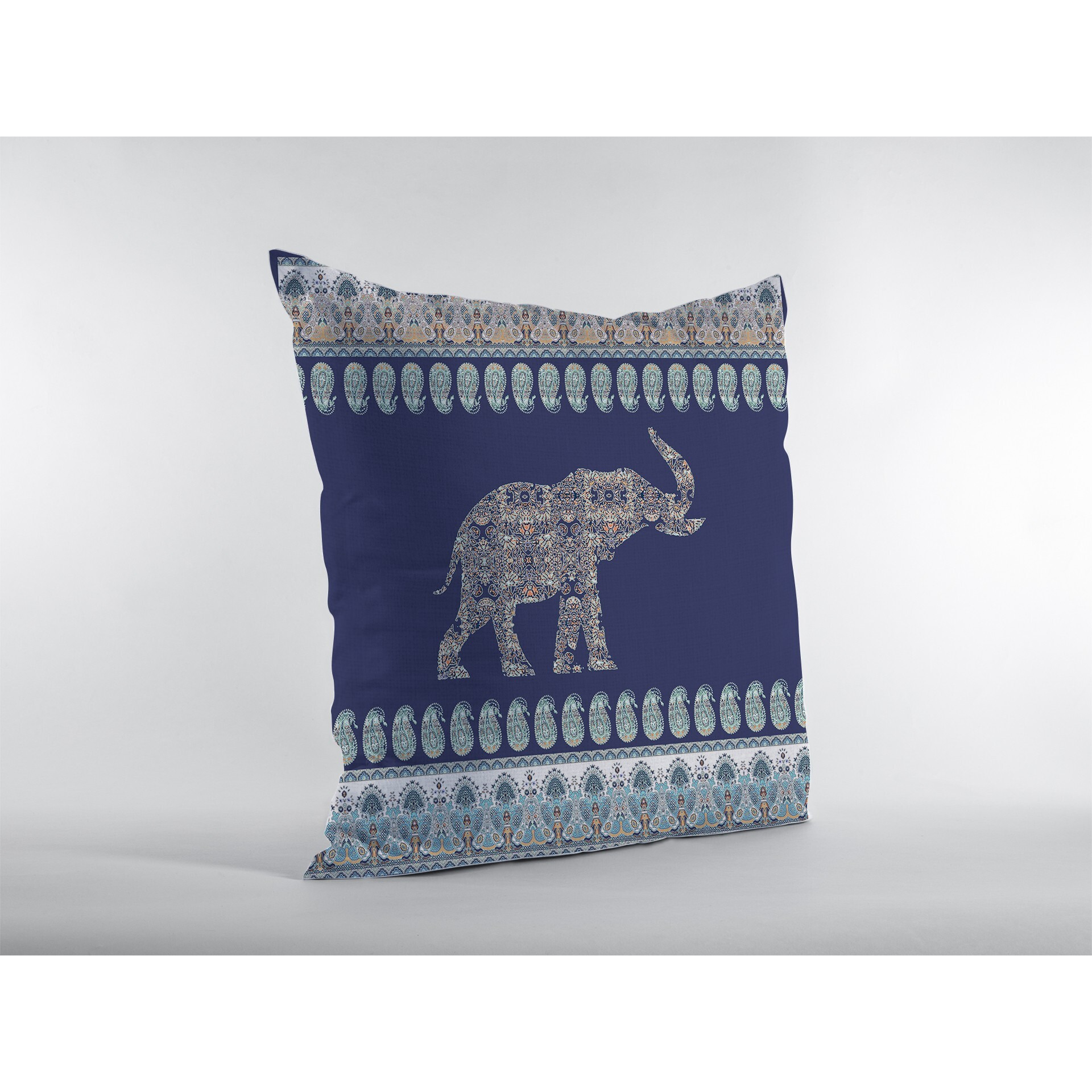 18 Navy Ornate Elephant Zippered Suede Throw Pillow