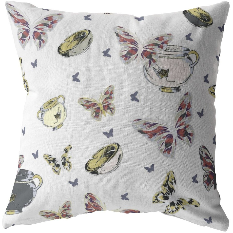 18"" White Butterflies Zippered Suede Throw Pillow