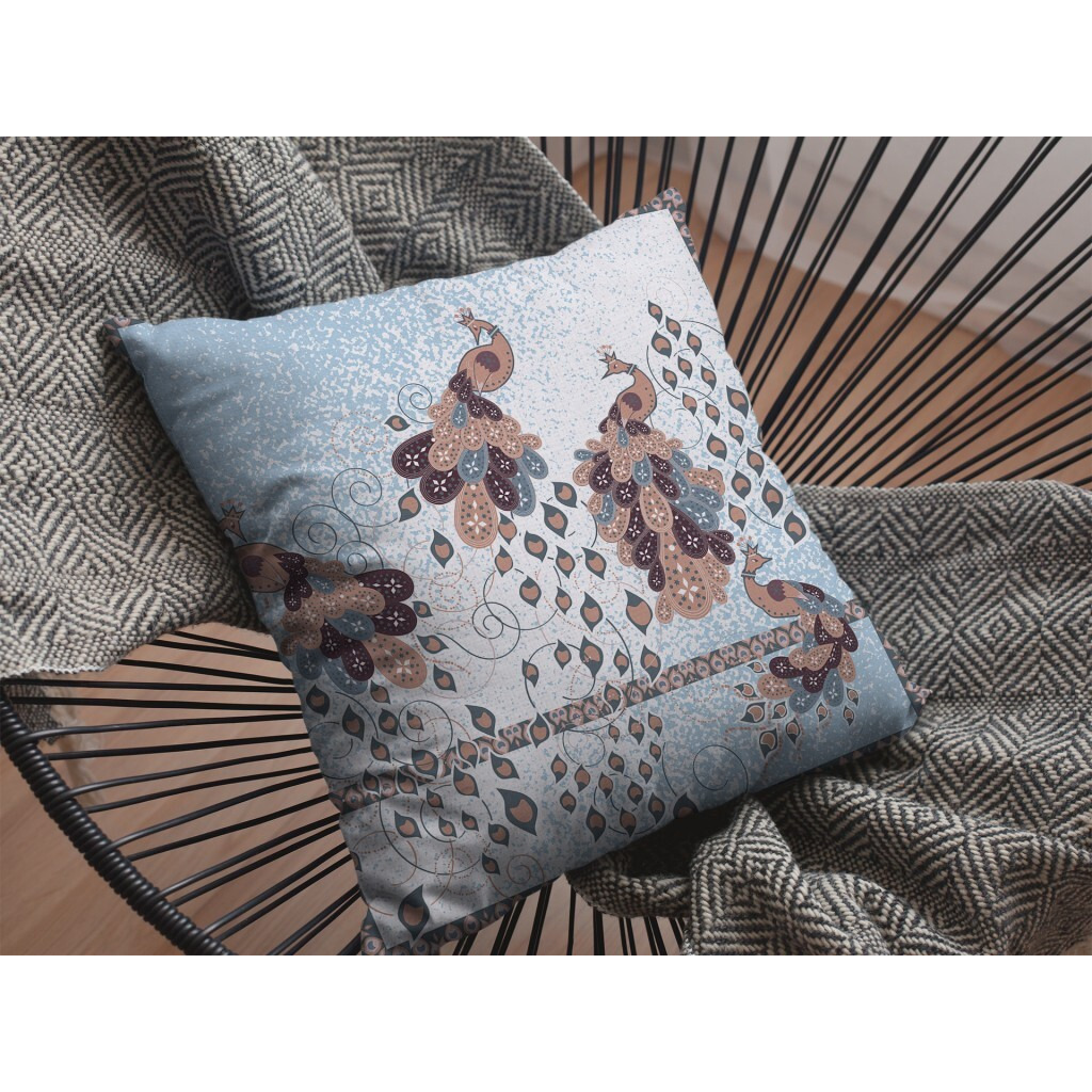 18 Blue Brown Boho Bird Zippered Suede Throw Pillow