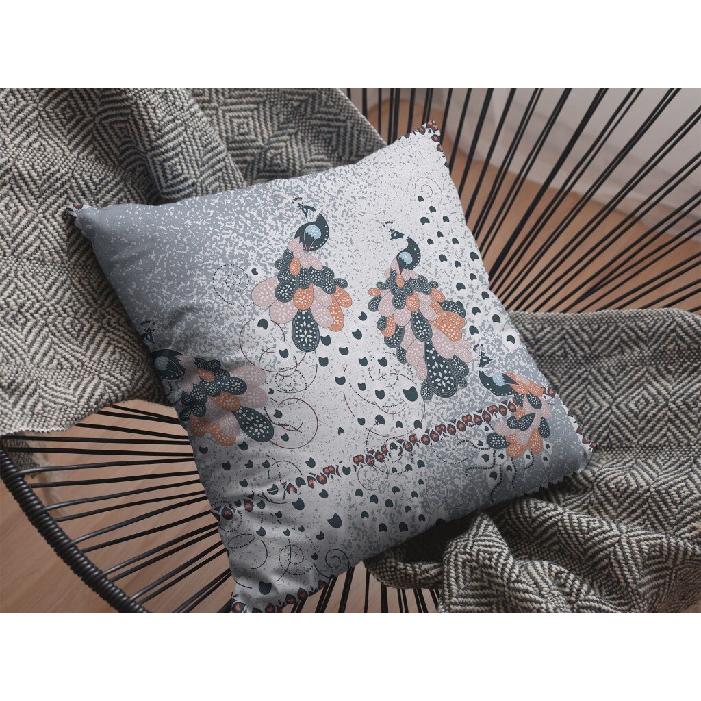 18 Gray Black Boho Bird Zippered Suede Throw Pillow
