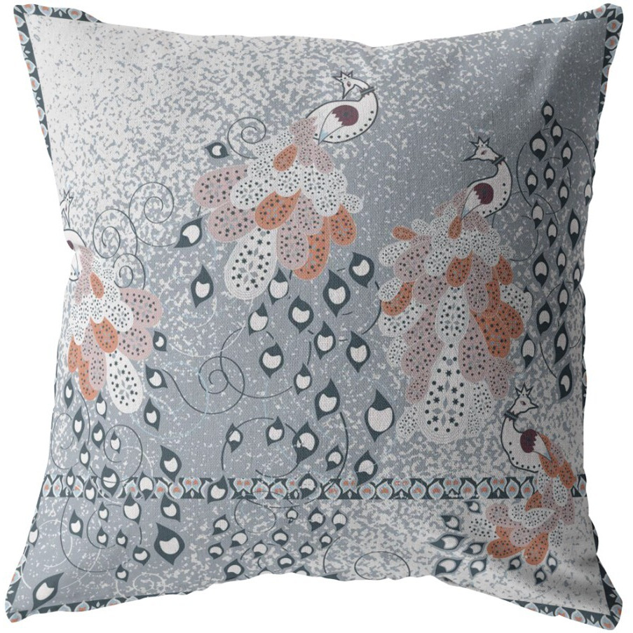 16 Gray Orange Boho Bird Zippered Suede Throw Pillow