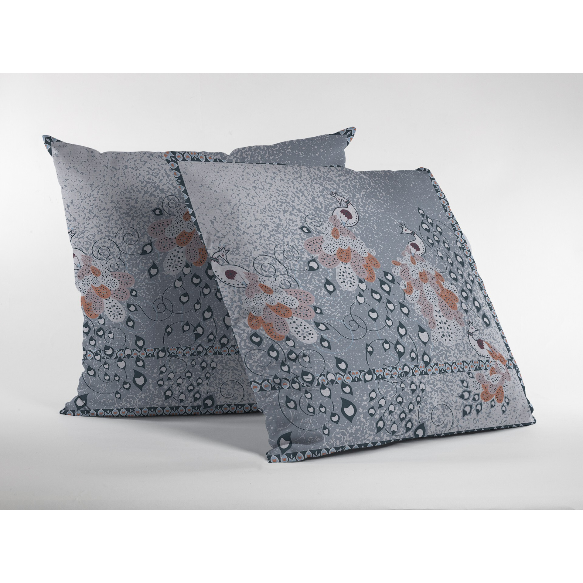 16 Gray Orange Boho Bird Zippered Suede Throw Pillow