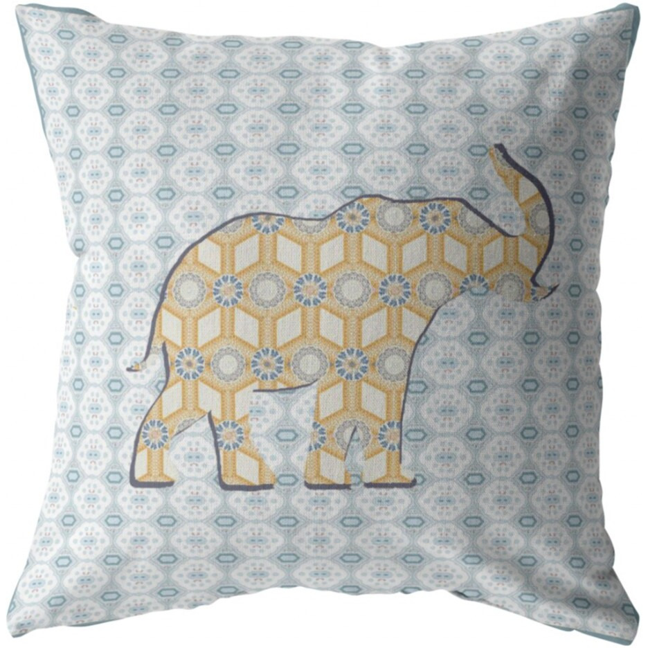 16"" Blue Yellow Elephant Zip Suede Throw Pillow