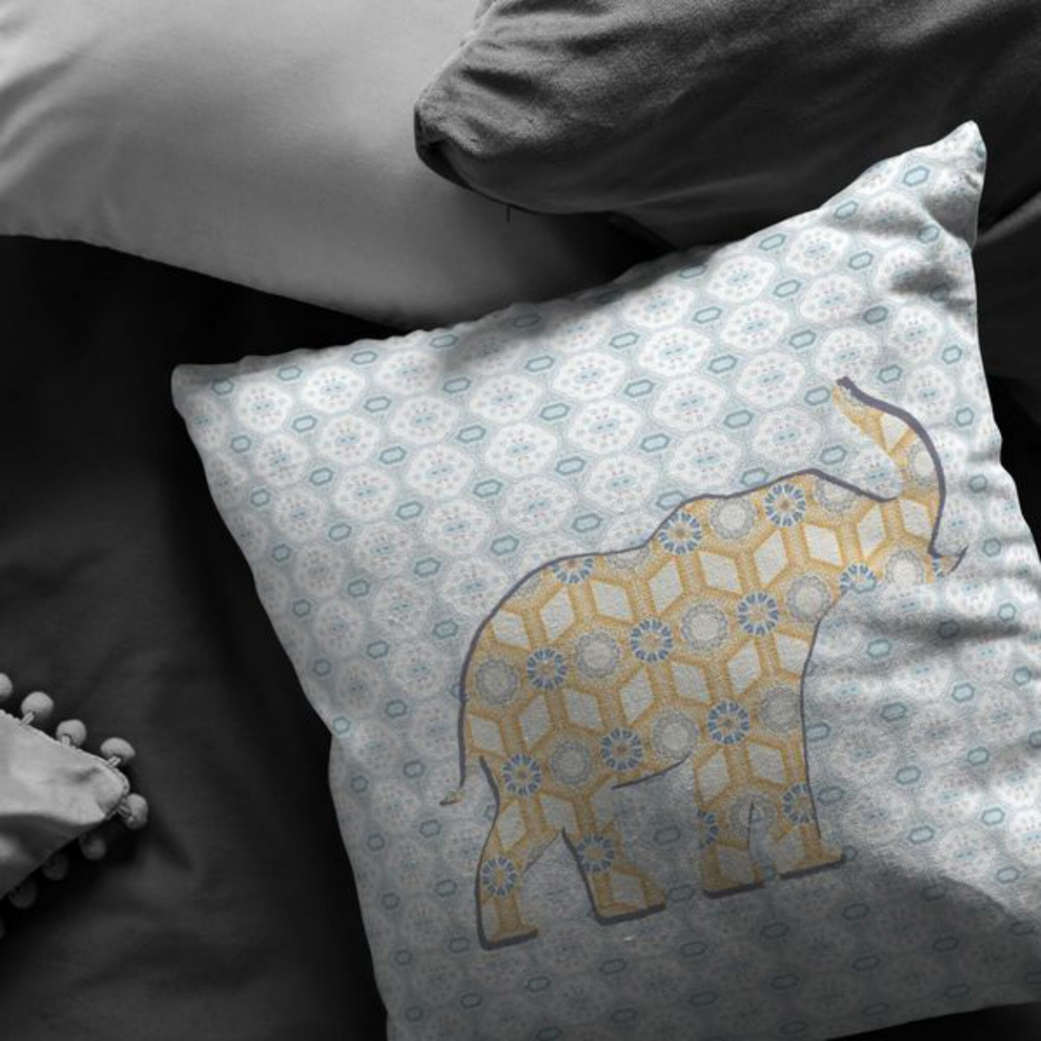 16"" Blue Yellow Elephant Zip Suede Throw Pillow
