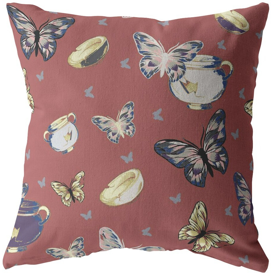 18"" Copper Rose Butterflies Zippered Suede Throw Pillow