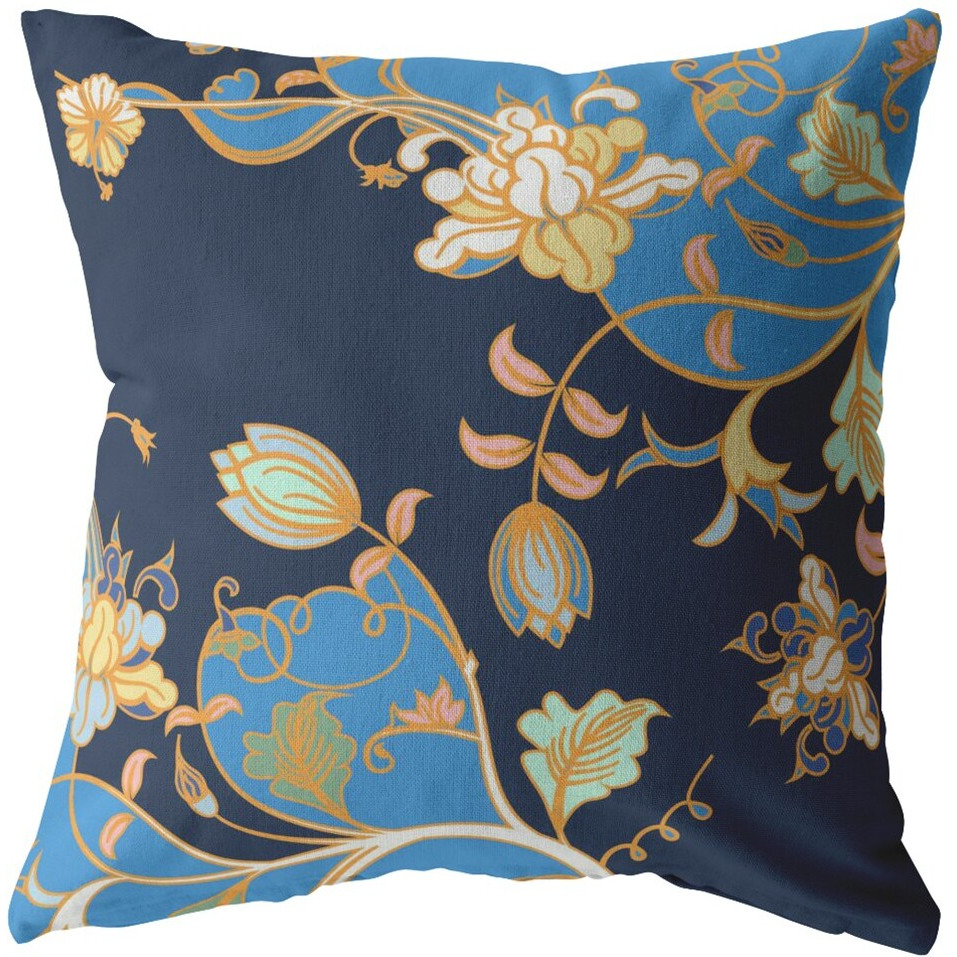 16"" Navy Blue Garden Zippered Suede Throw Pillow
