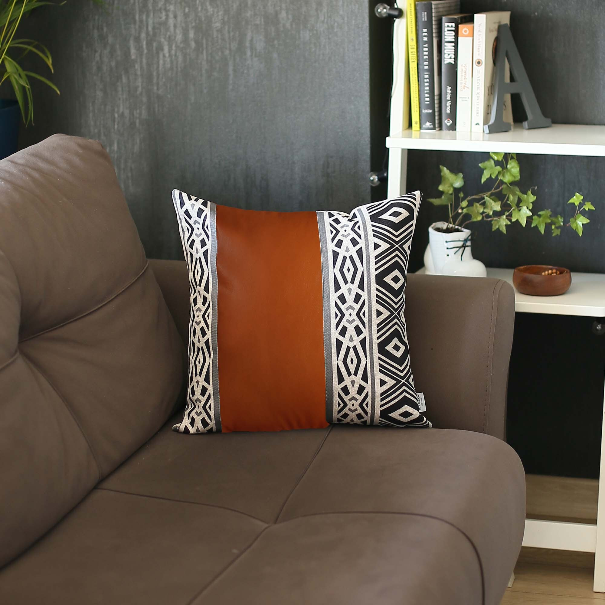 17"" X 17"" Brown Geometric Zippered Handmade Faux Leather Throw Pillow Cover