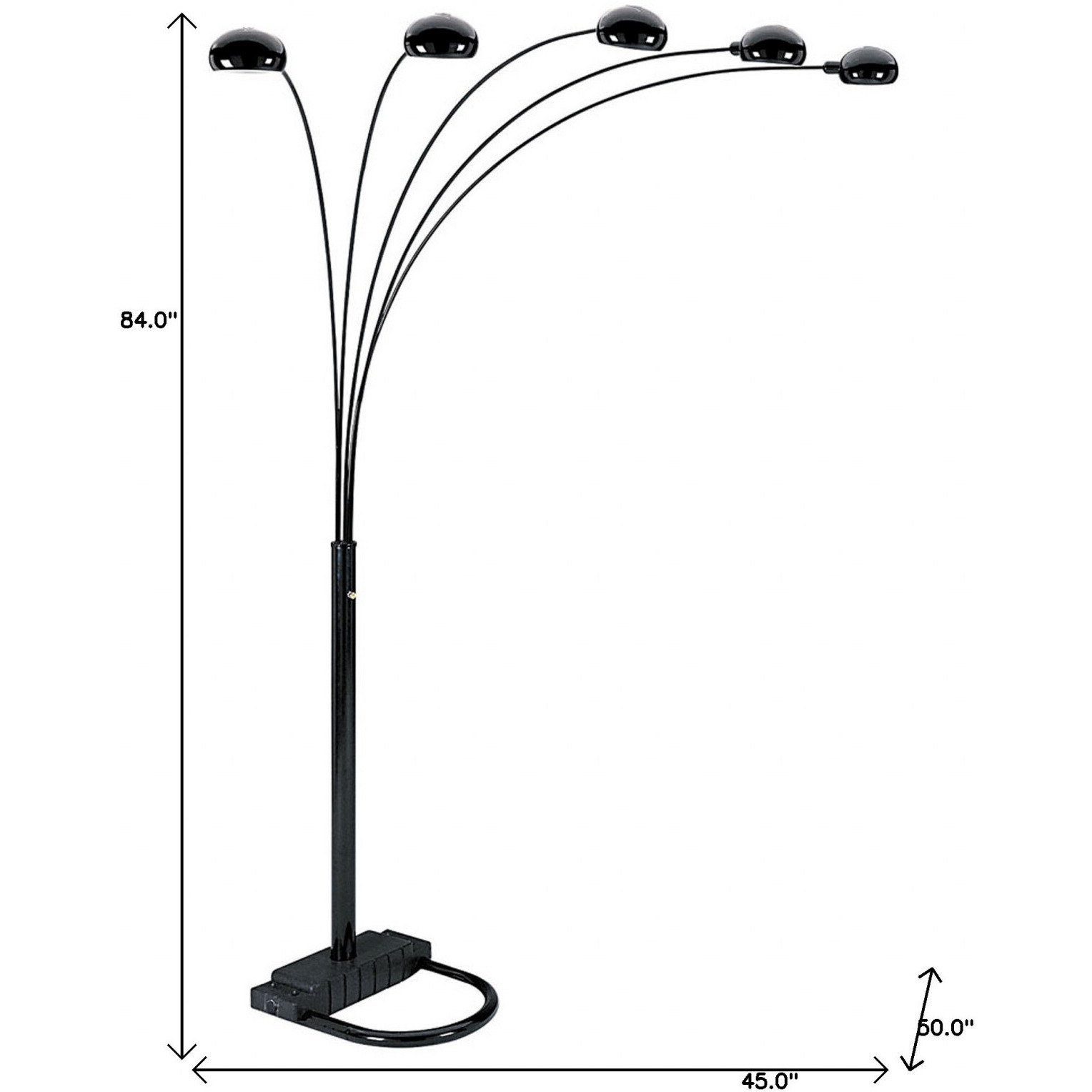 84"" Black Five Light Arc Floor Lamp With Black Dome Shade