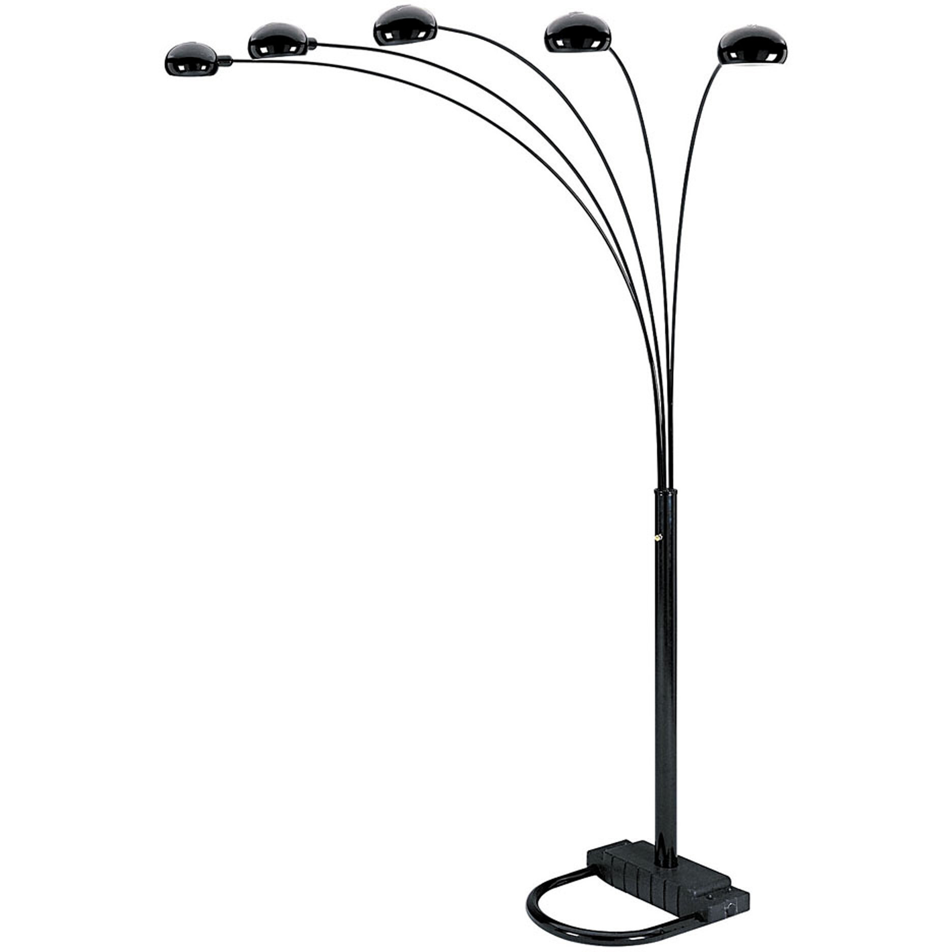 84"" Black Five Light Arc Floor Lamp With Black Dome Shade