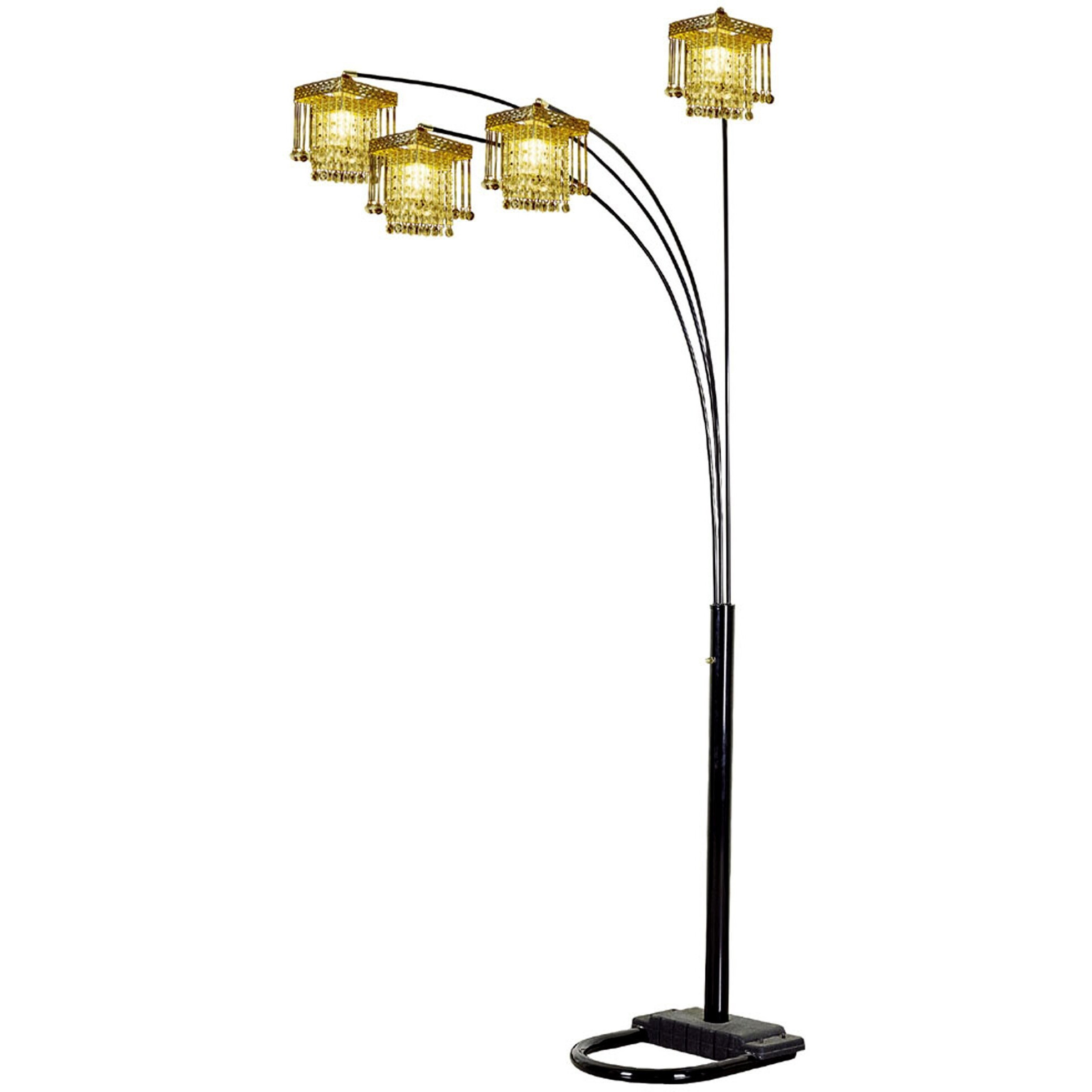 84"" Black Four Light Arc Floor Lamp With Clear Crystal Glass Chandelier Shade