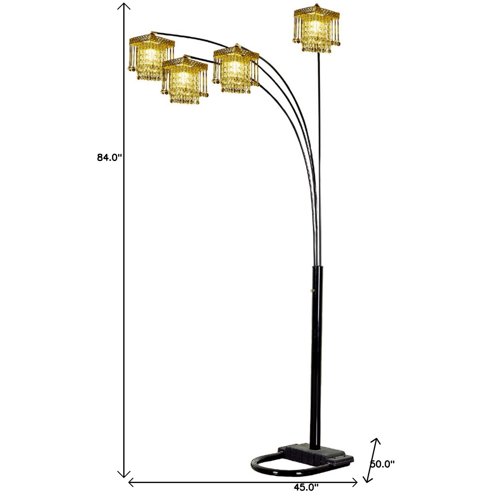 84"" Black Four Light Arc Floor Lamp With Clear Crystal Glass Chandelier Shade