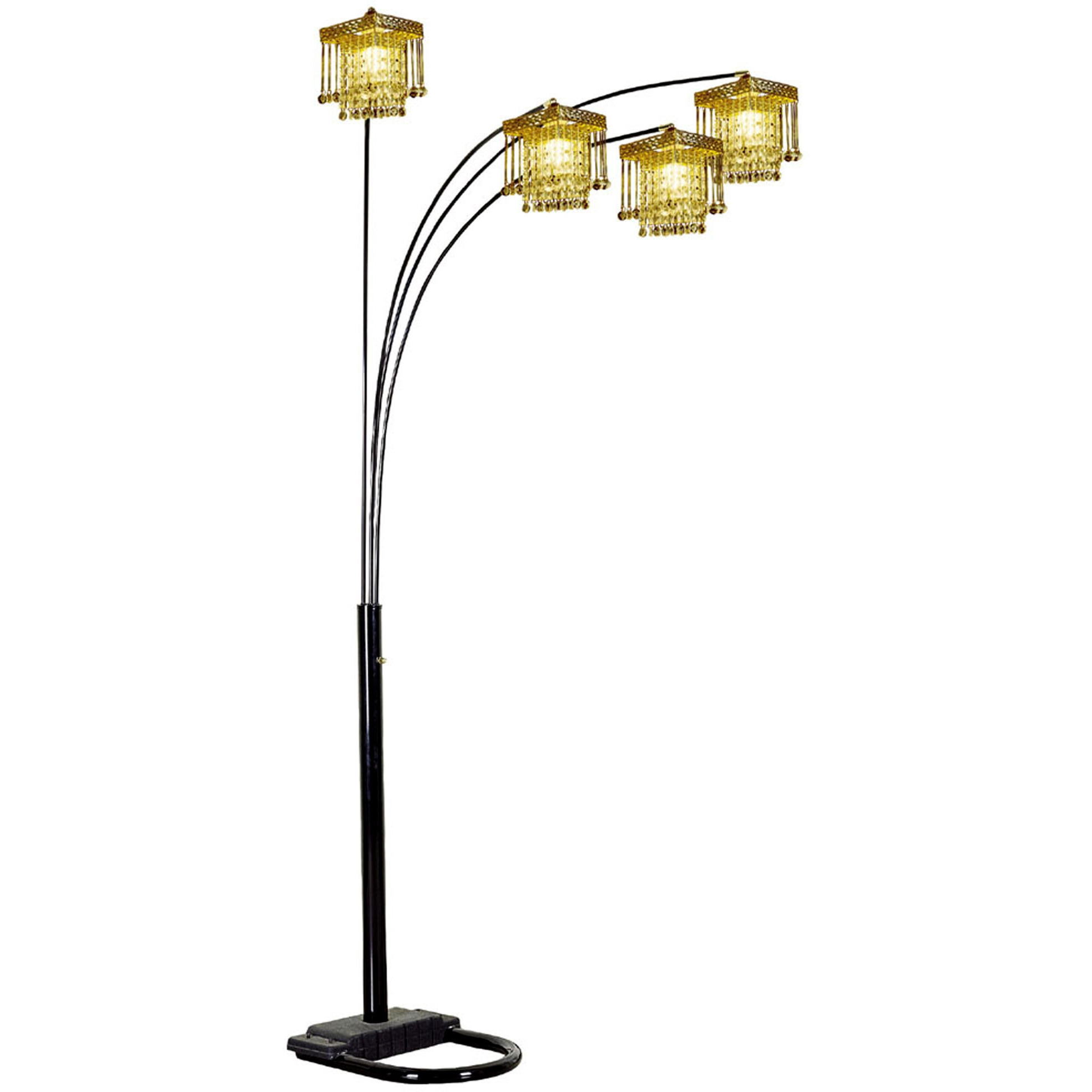 84"" Black Four Light Arc Floor Lamp With Clear Crystal Glass Chandelier Shade