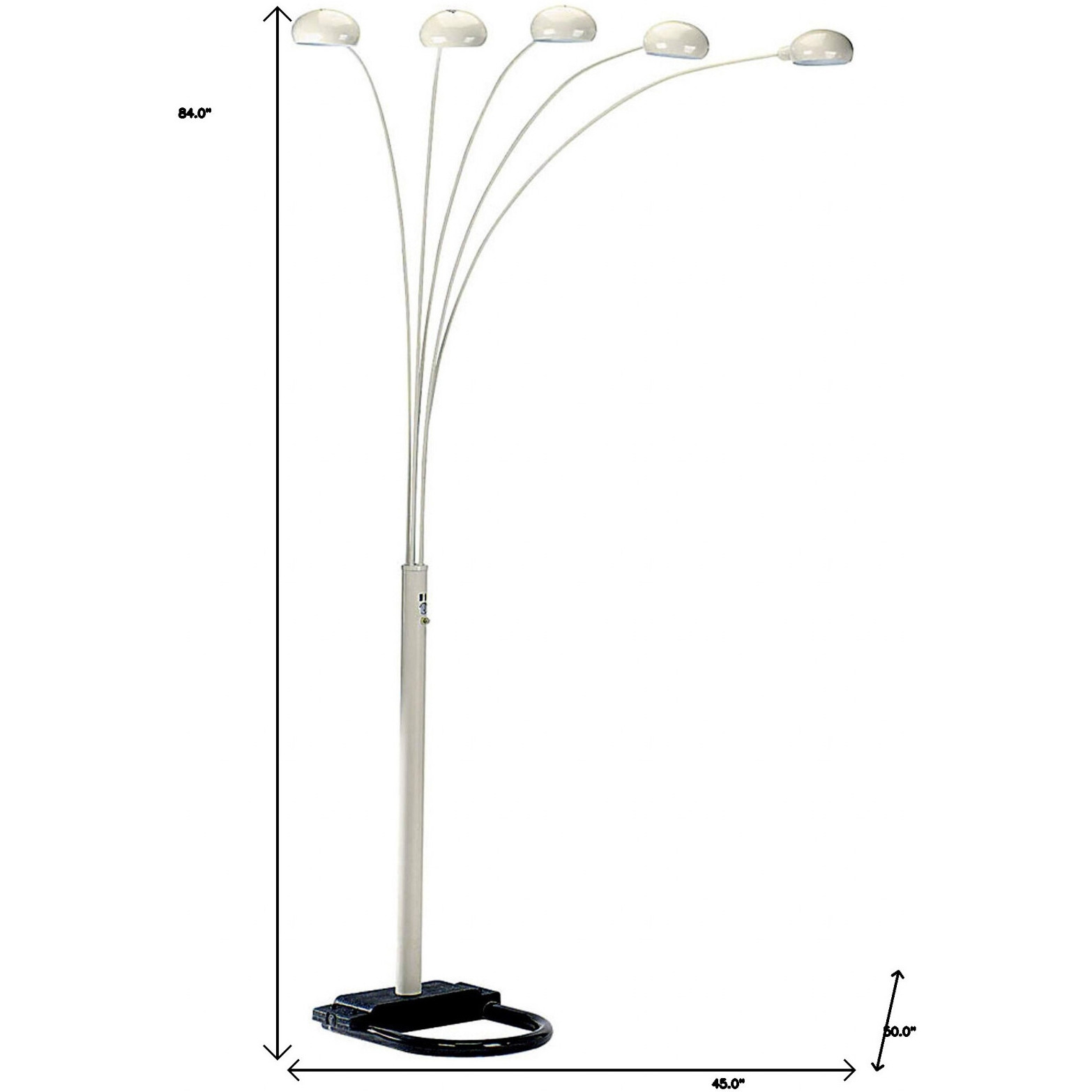84"" White Five Light Arc Floor Lamp With White Dome Shade