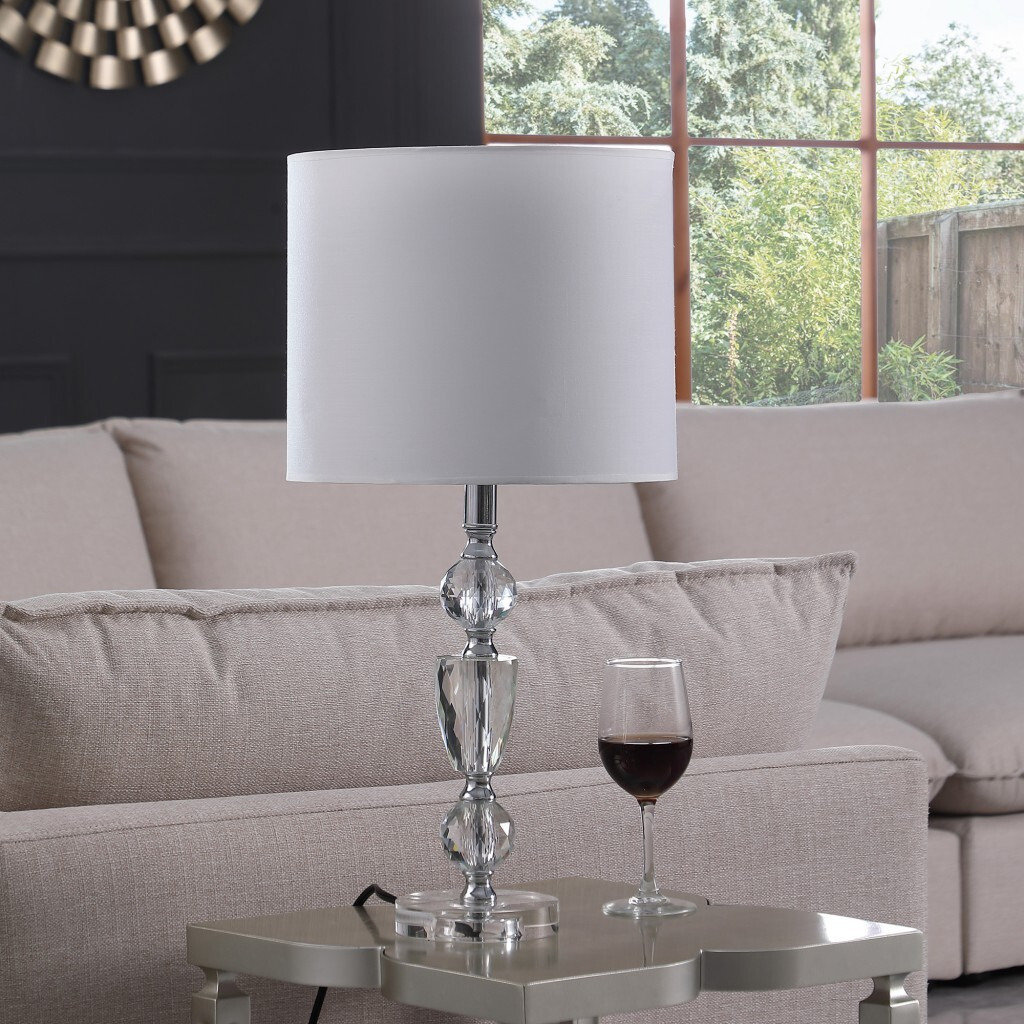 24"" Clear Cut Faux Crystal Glam Table Lamp With White Classic Drum Shade