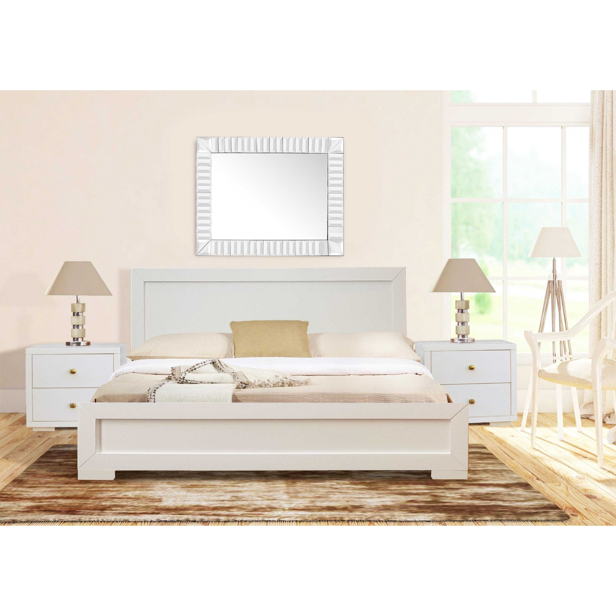 Moma White Wood Platform Queen Bed With Two Nightstands