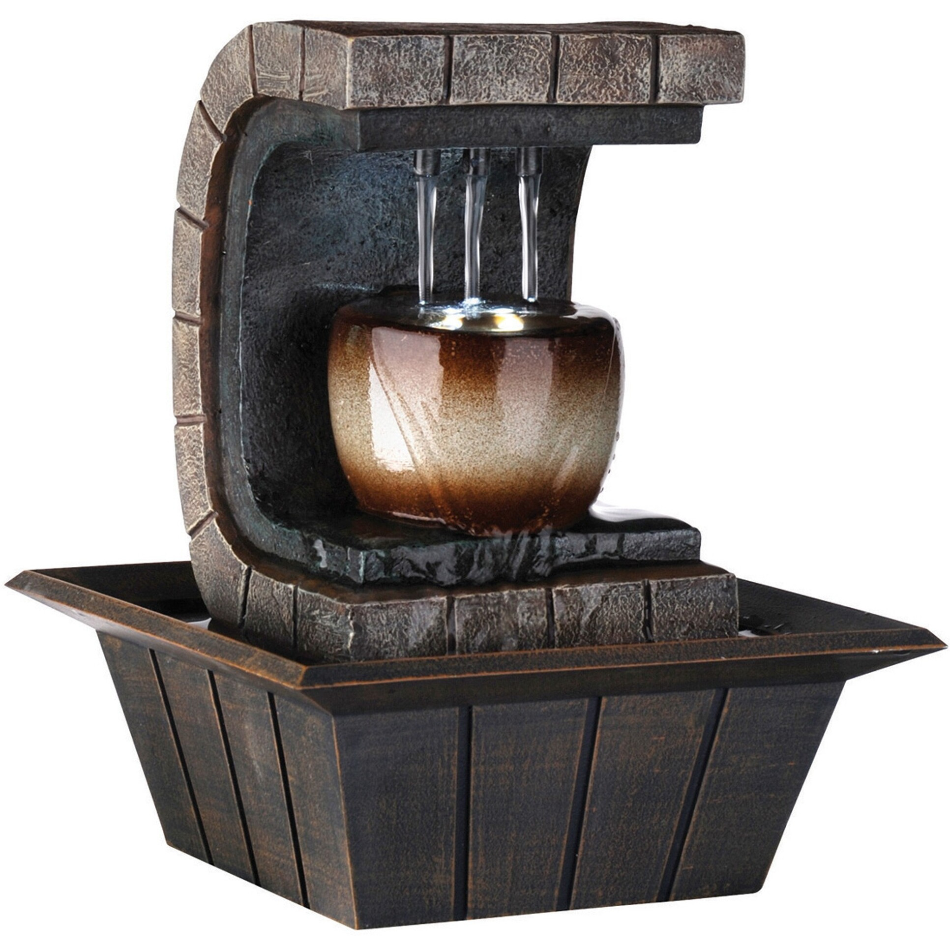 10"" Brown Textured Polyresin Tabletop Fountain With Led Light