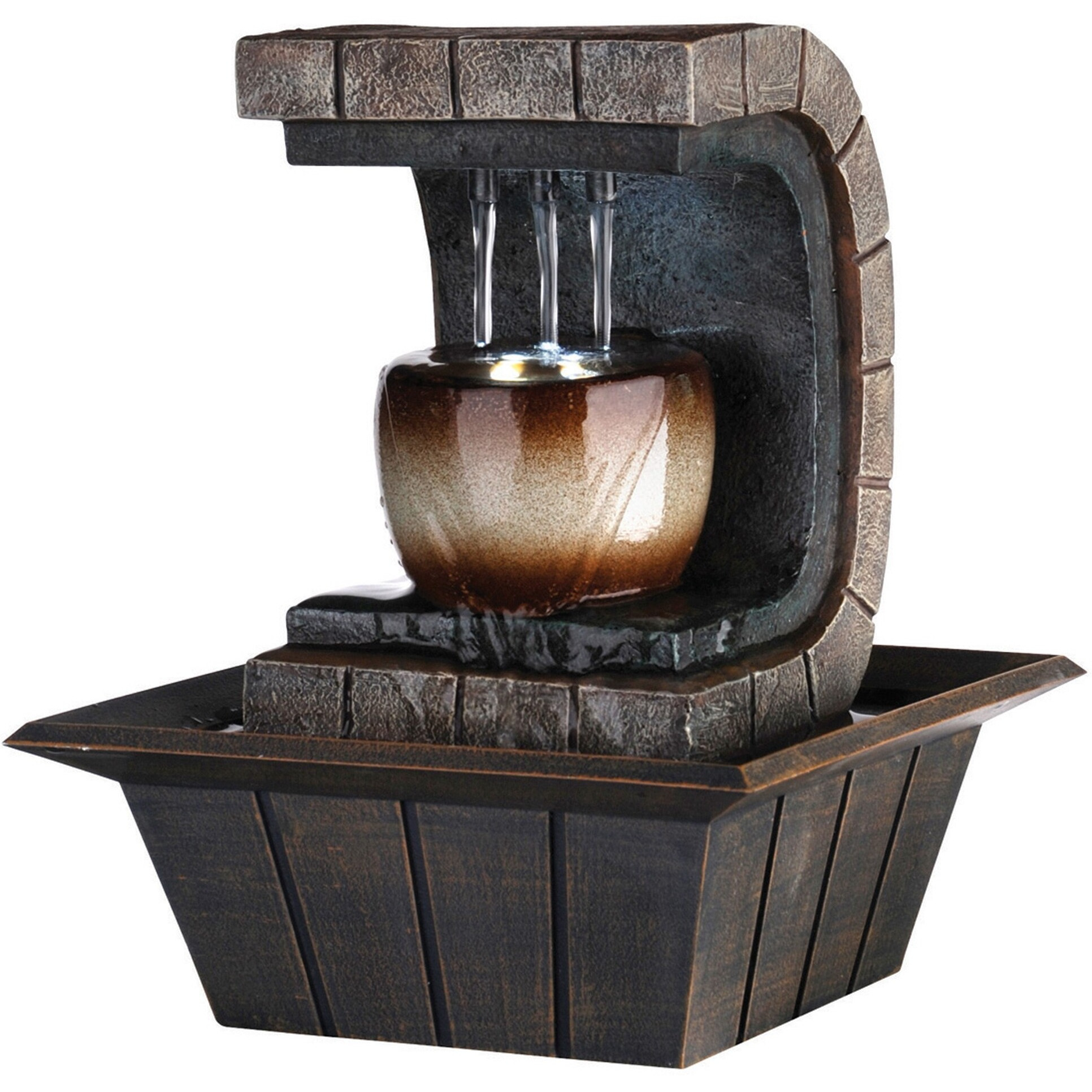10"" Brown Textured Polyresin Tabletop Fountain With Led Light